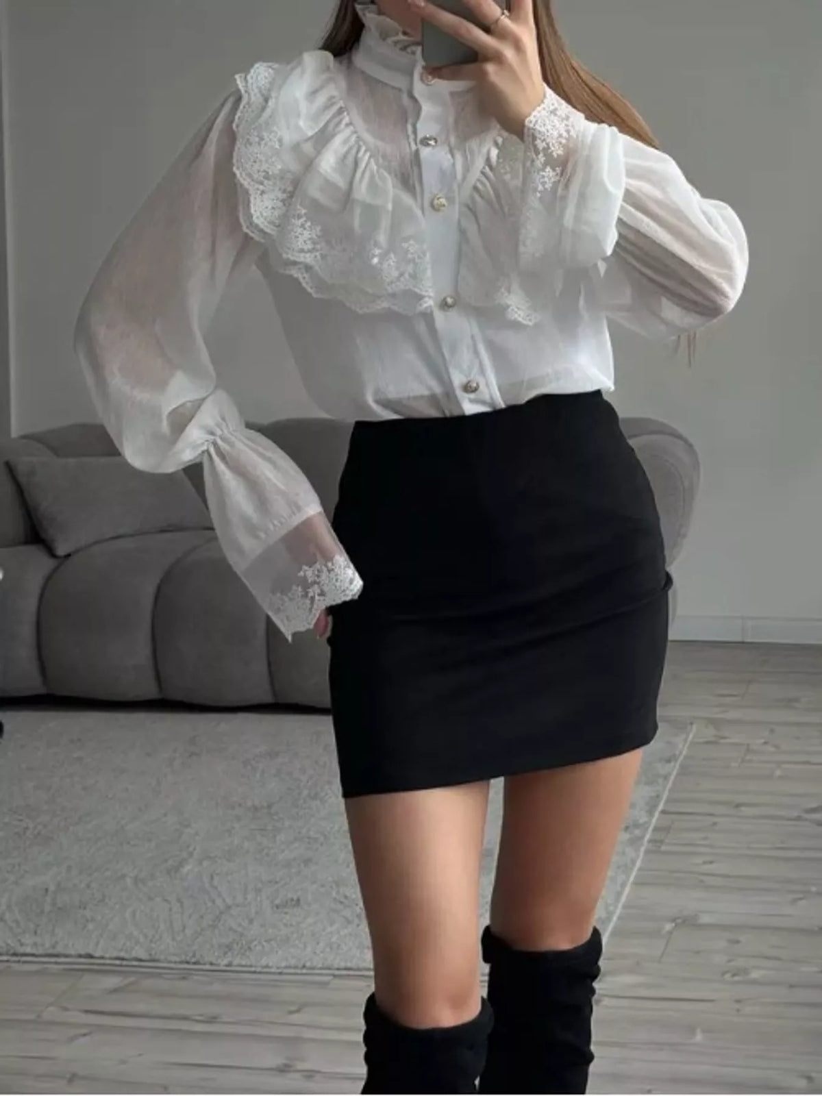 Lace Button-Up Flounce Sleeve Shirt — front view