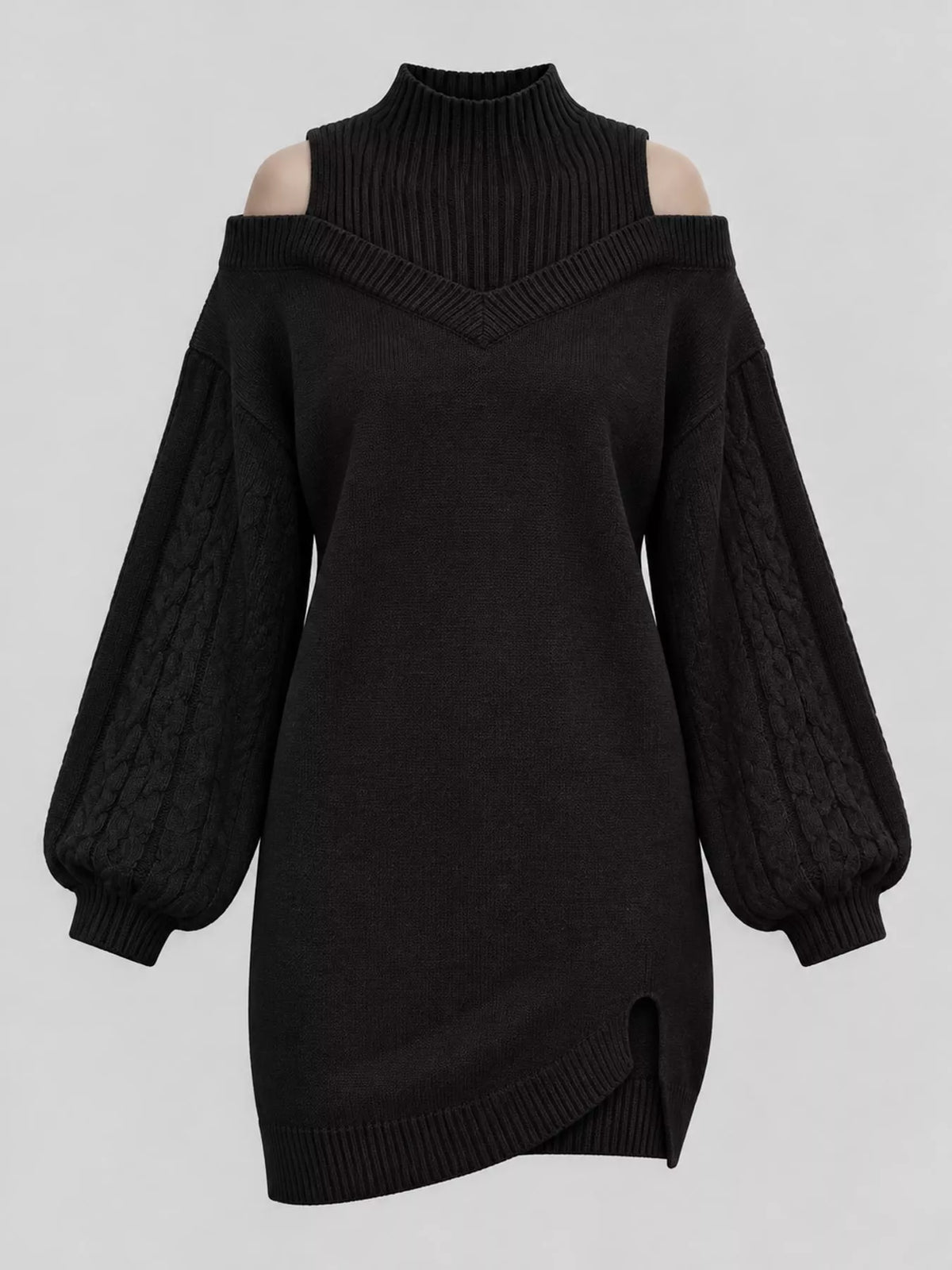 Black cold shoulder cable knit mock neck sweater dress, front view