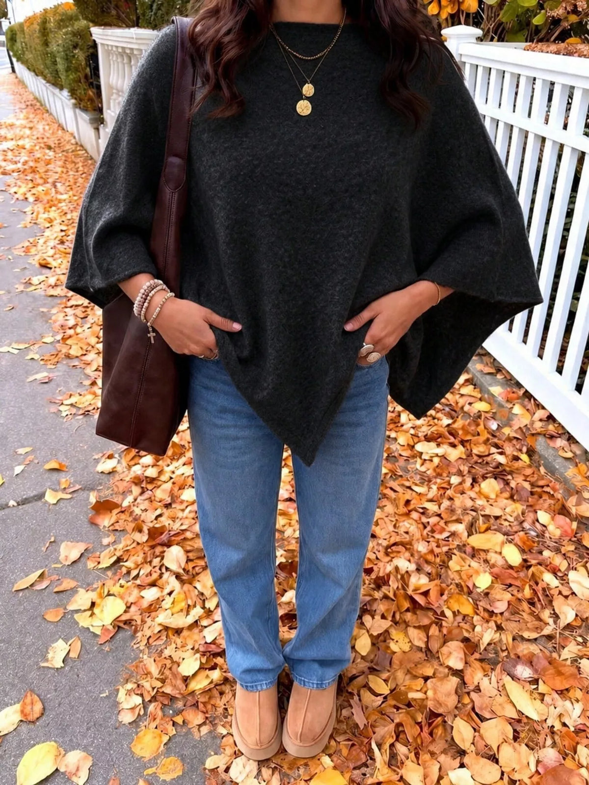 Black Oversized Round Neck Cape Sweater, front view