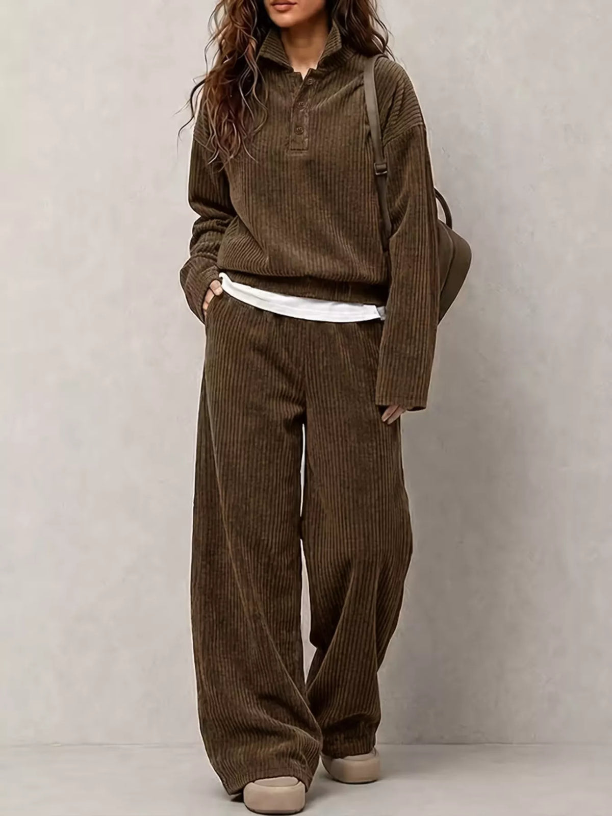 Women's Corduroy Button Detail Top and Wide-Leg Pants Set in brown — front view