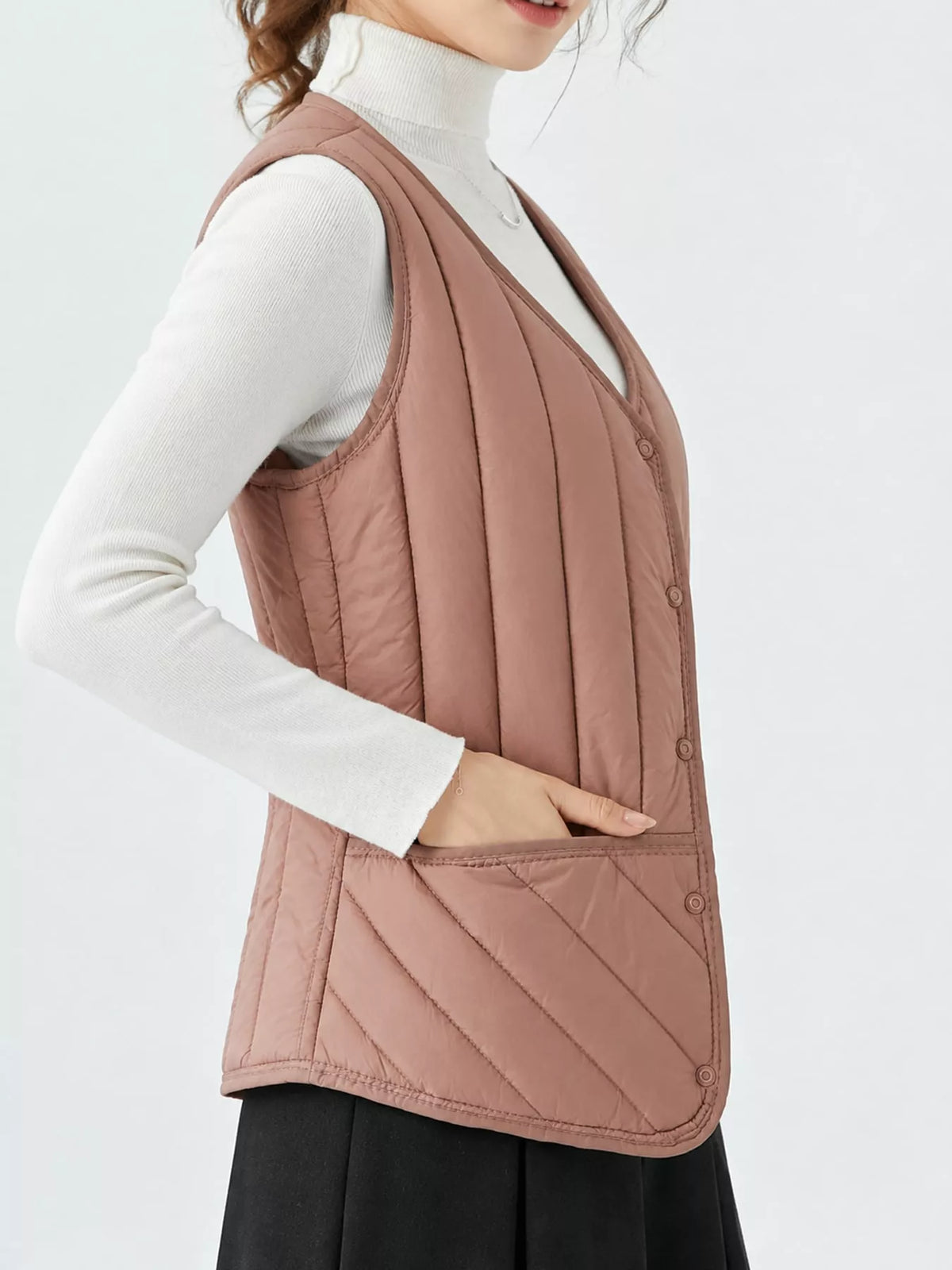 Quilted Button Up Vest in dusty pink, side view
