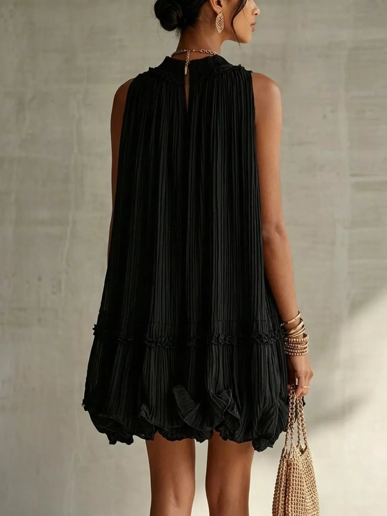 Trendsi Pleated Mock Neck Sleeveless Mini Dress -