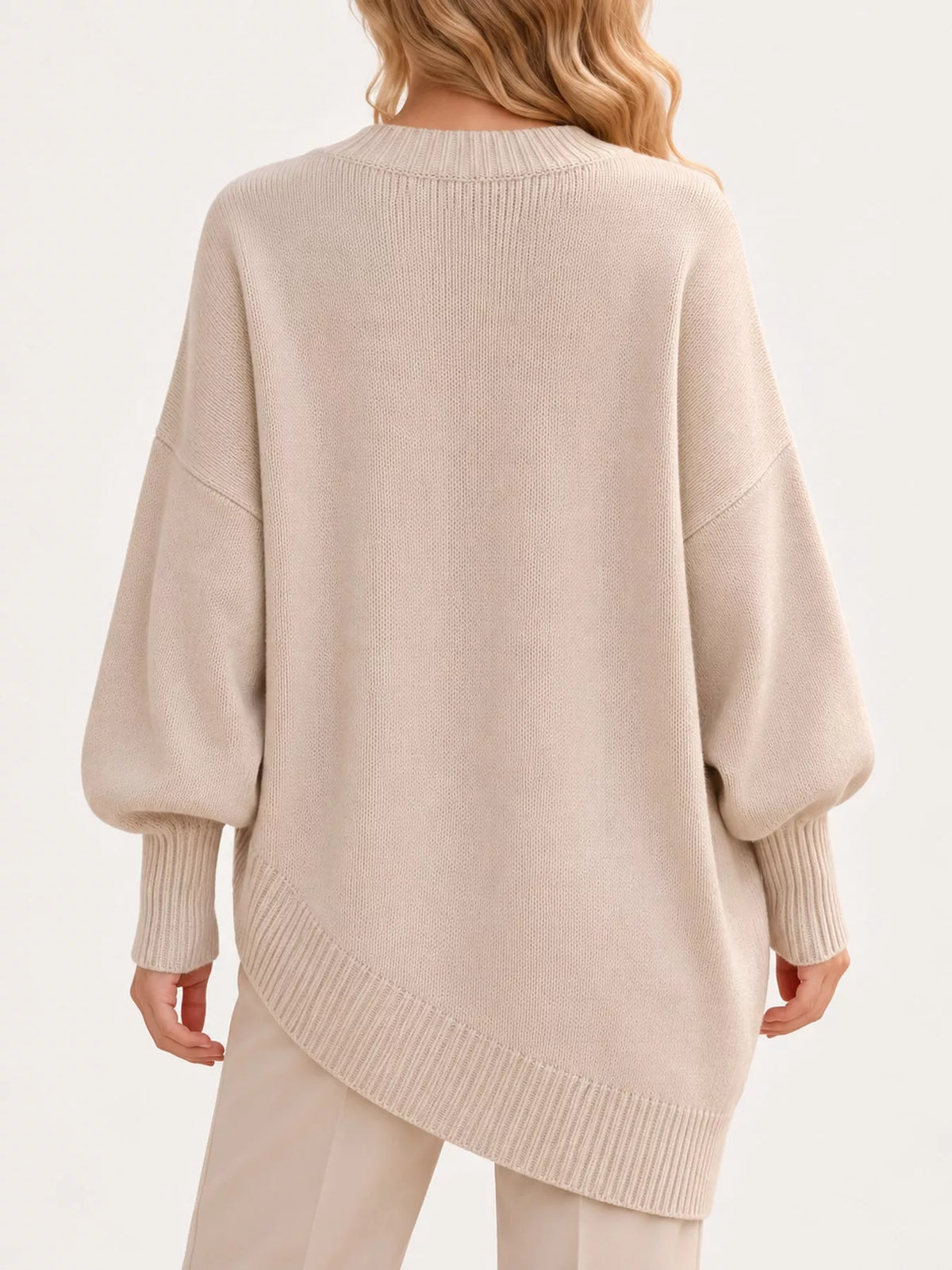 Ribbed Knit Dropped Shoulder Sweater, back view in beige
