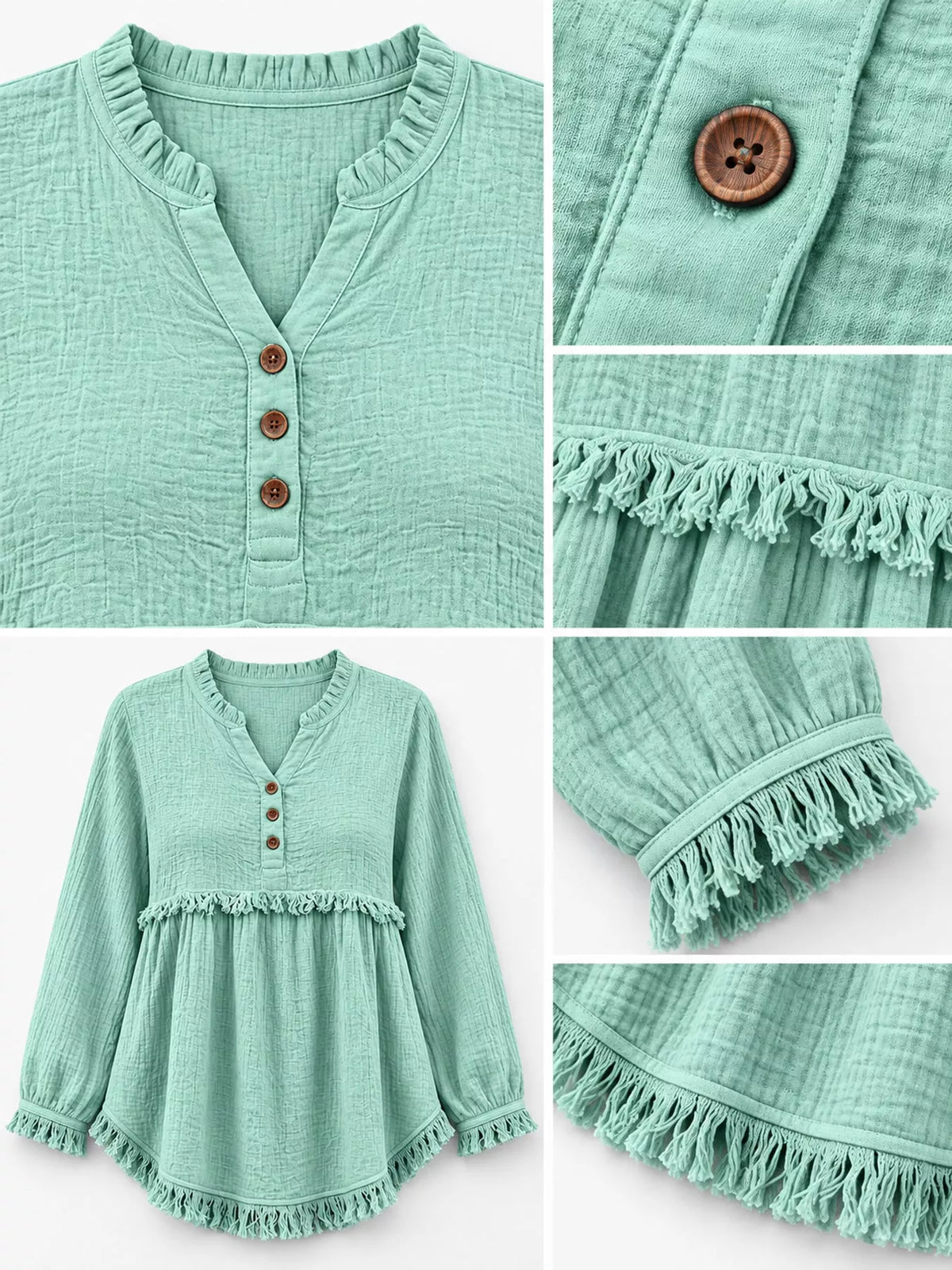 Frayed-hem blouse, mint button and fringed trim details
