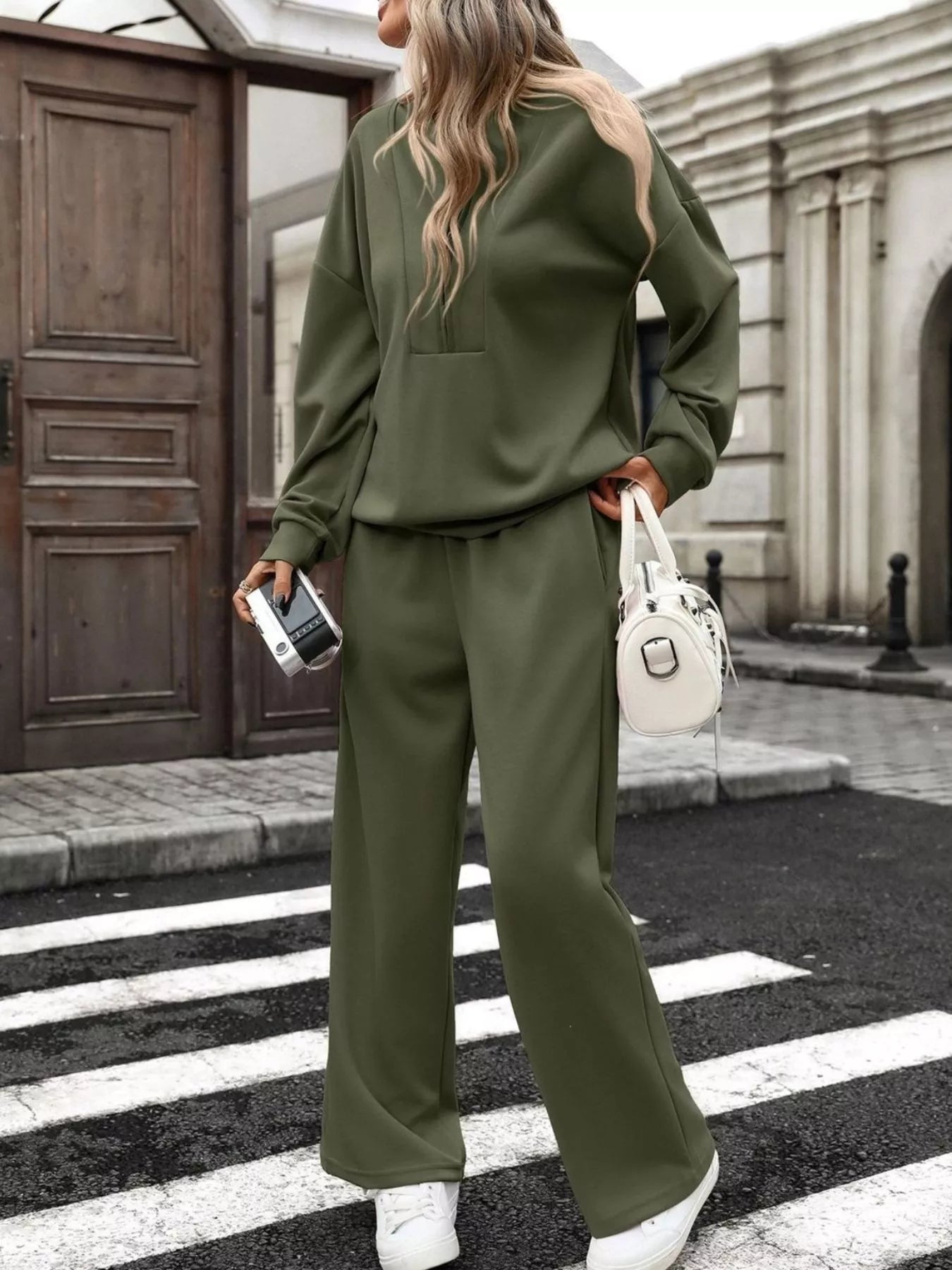 Trendsi Half Zip Sweatshirt and Wide-Leg Pants Set -