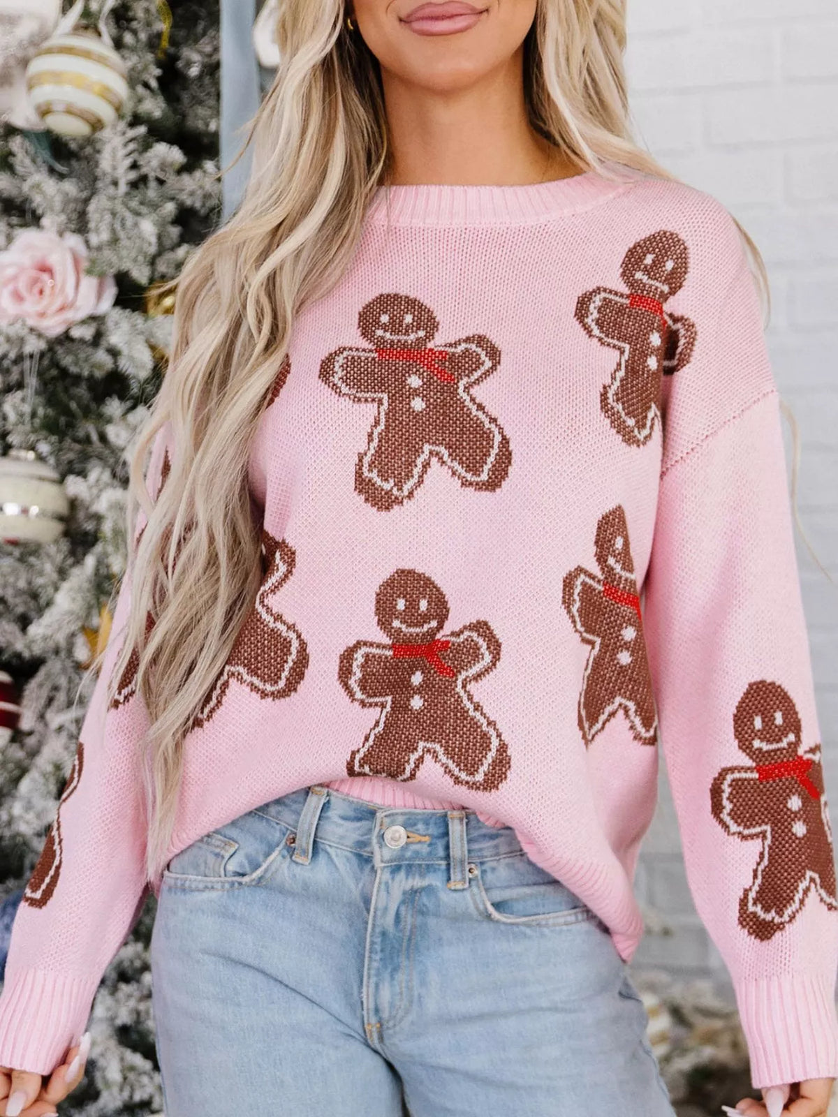 Gingerbread-pattern round-neck long sleeve sweater