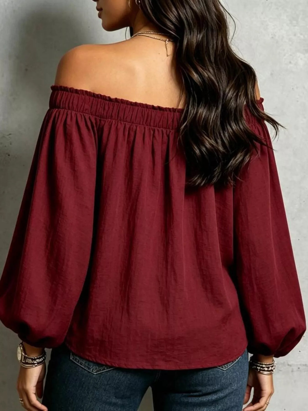 Burgundy off-shoulder long sleeve blouse, back view