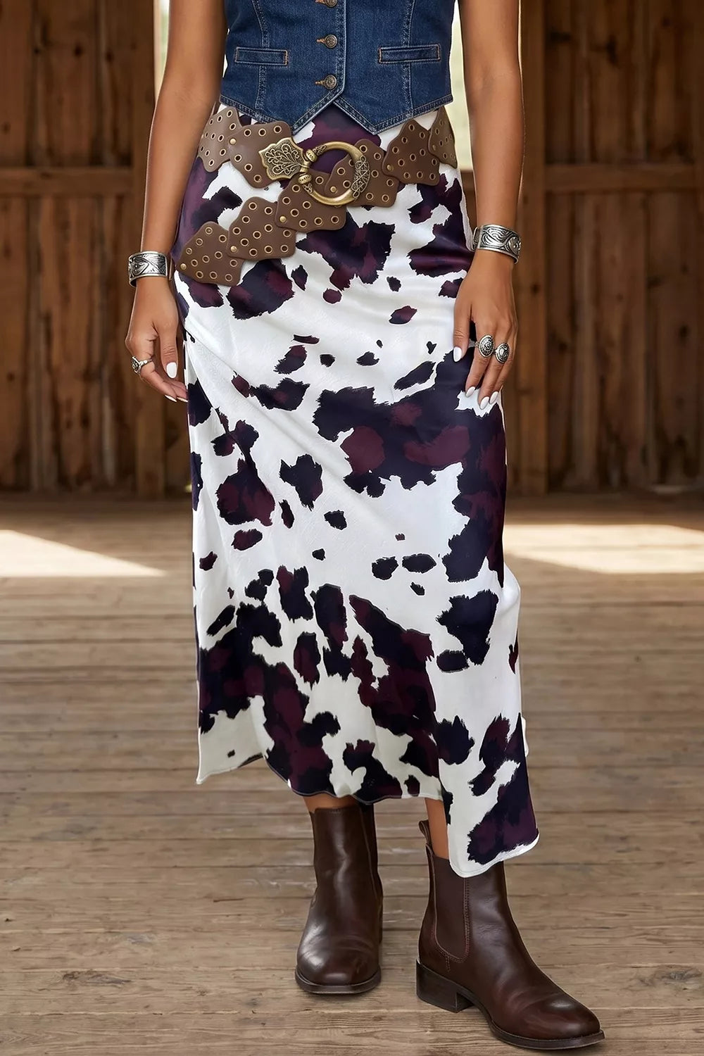 Trendsi Abstract Print Western Long Metal Zip-Up Waist Daily Wear Skirt -