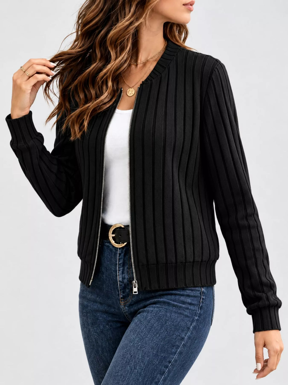 Ribbed Knit Zip-Up Bomber Jacket — front view