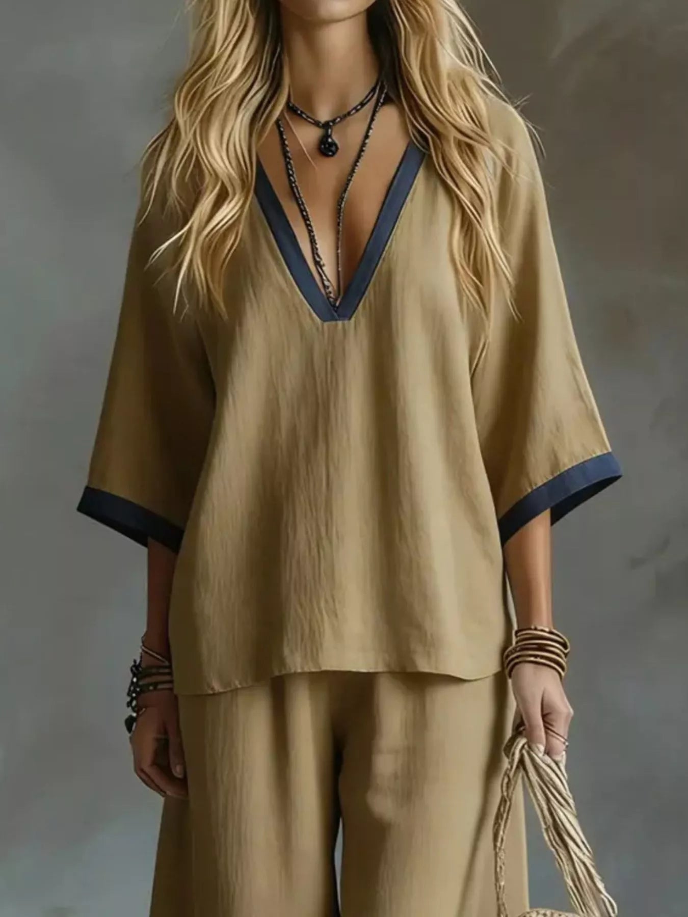 Trendsi Full Size Contrast Trim V-Neck Top and Pants Set Plus Size -