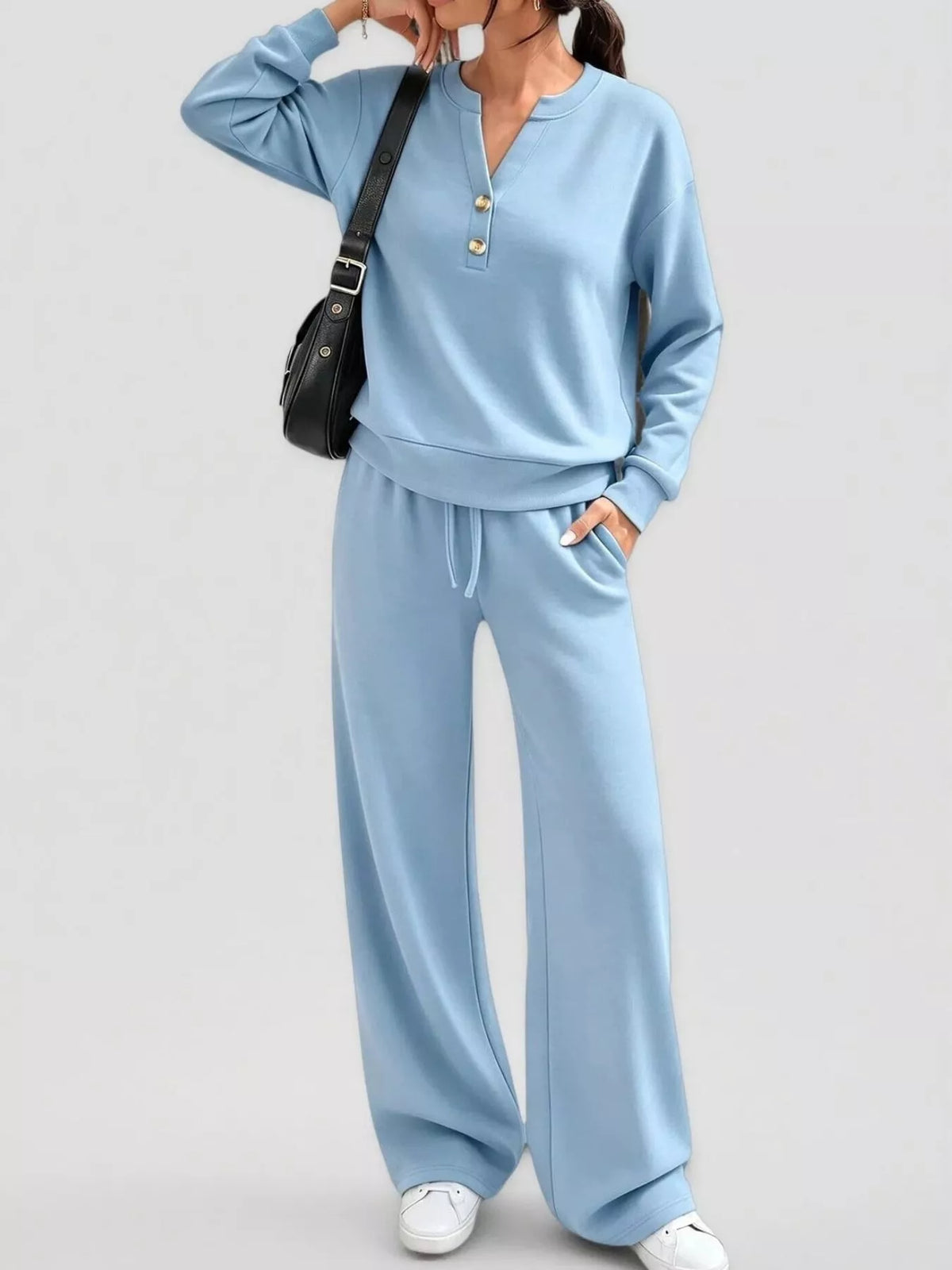 Blue button detail top and wide-leg pants set — front view