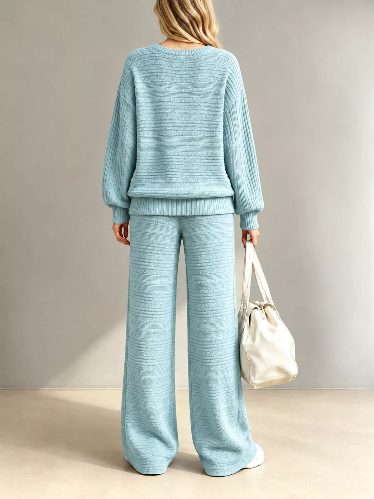 Ribbed Knit Top and Wide-Leg Pants Set — back view