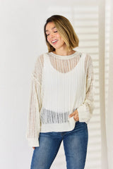 Trendsi HYFVE Openwork Ribbed Trim Long Sleeve Knit Top -