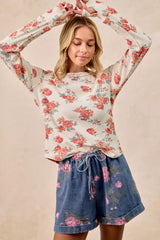 Trendsi BiBi Floral Print Washed Waffle Thermal Top With Thumb -