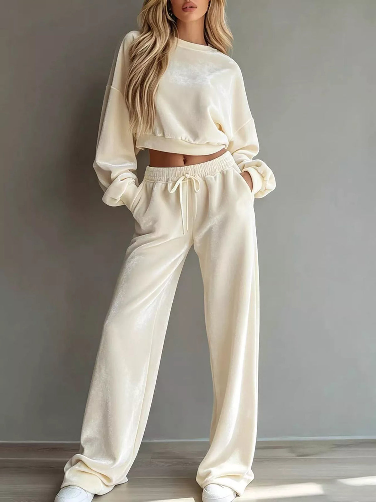 Cream Cropped Sweatshirt & Wide-Leg Pants Set front view