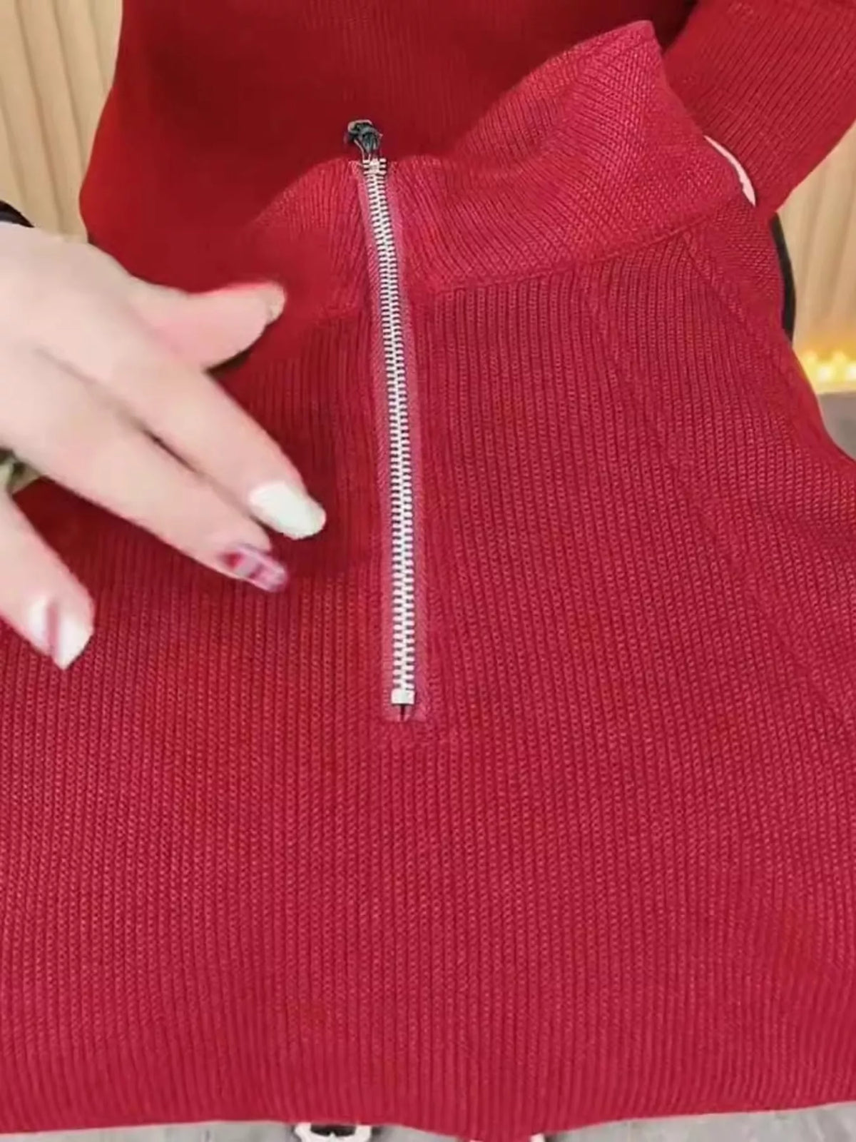 Quarter-zip ribbed top, red ribbed zip neckline detail