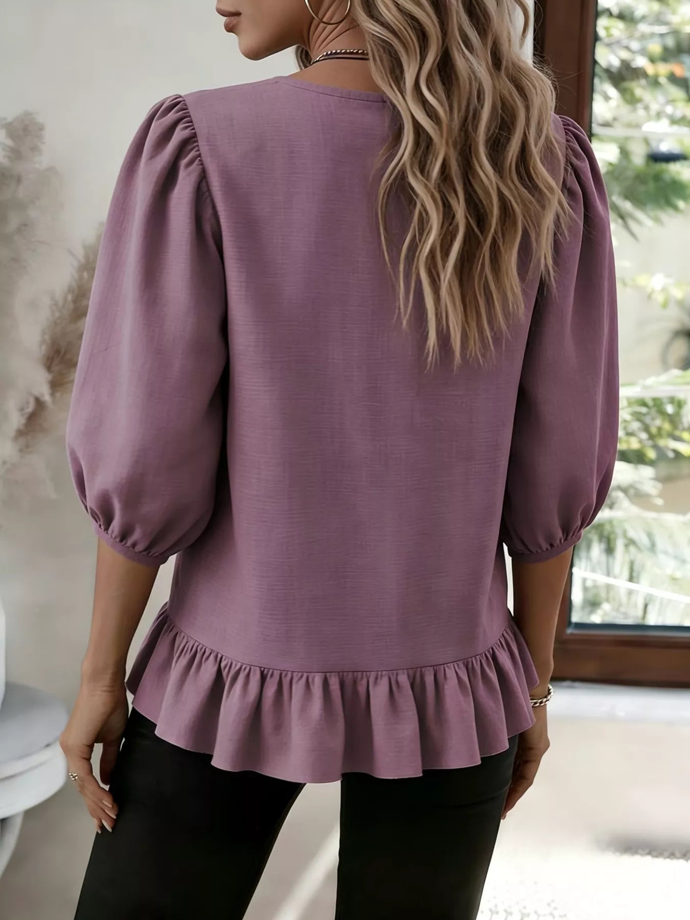 Trendsi Casual Puff Sleeve Ruffle Hem Blouse - Shirts