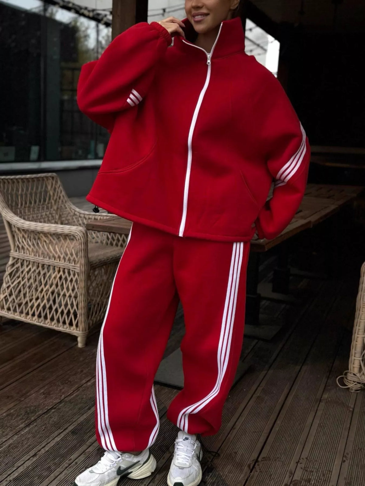 Trendsi Contrast Striped Zip Up Top and Pants Set -