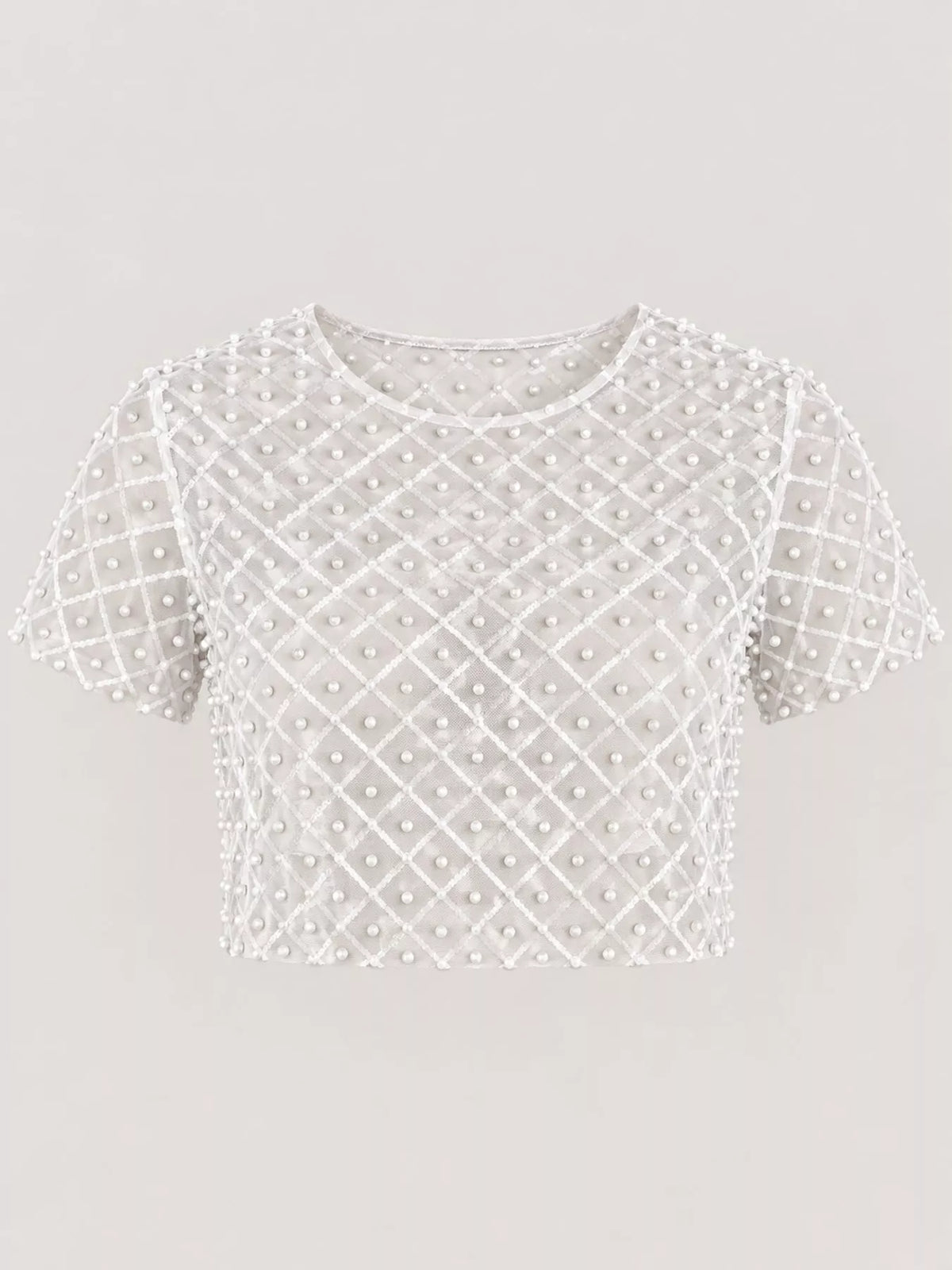 Sheer Mesh Pearl Embellished Crop Blouse in white