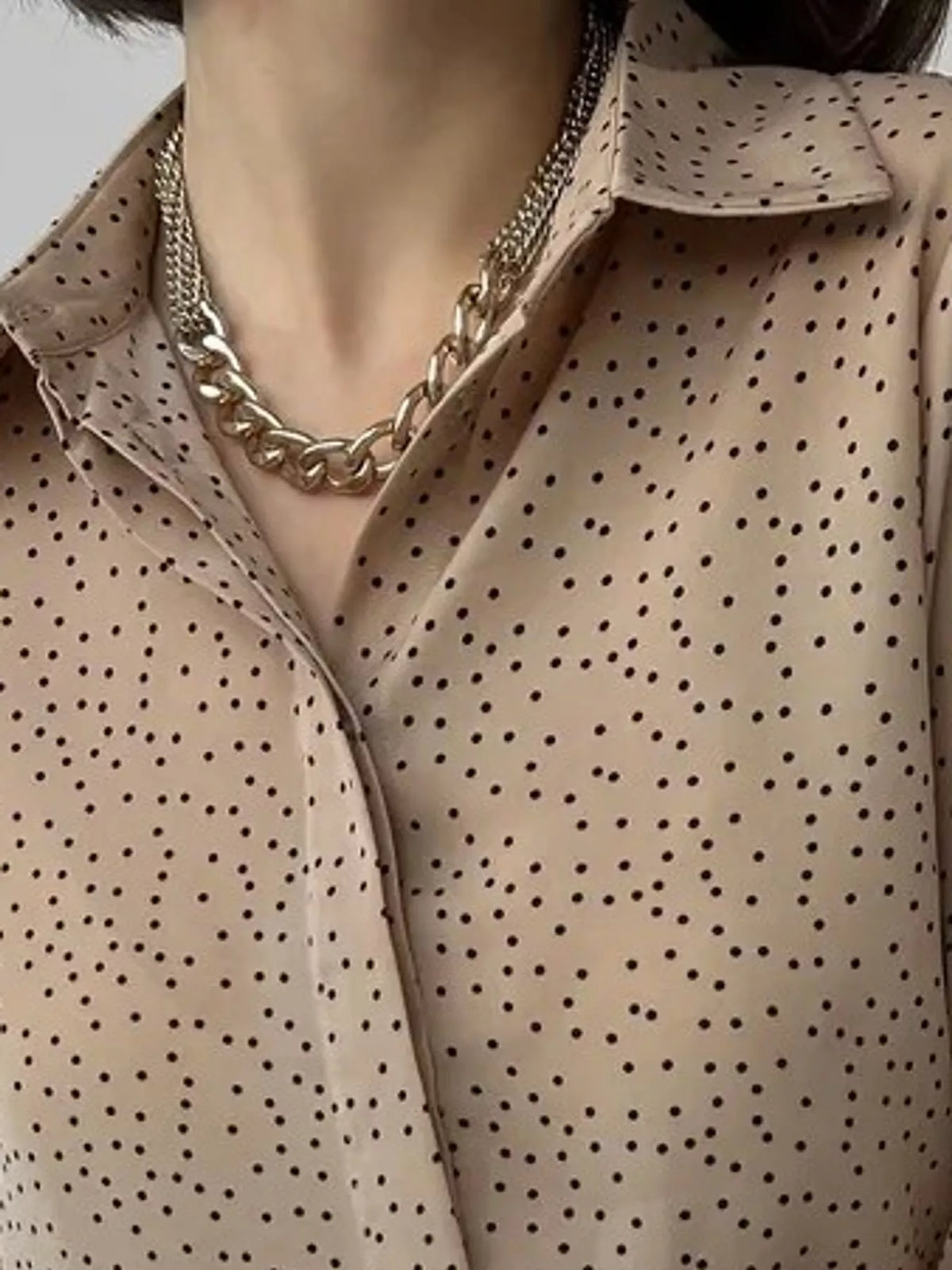 Button-up shirt, tan dotted collar detail