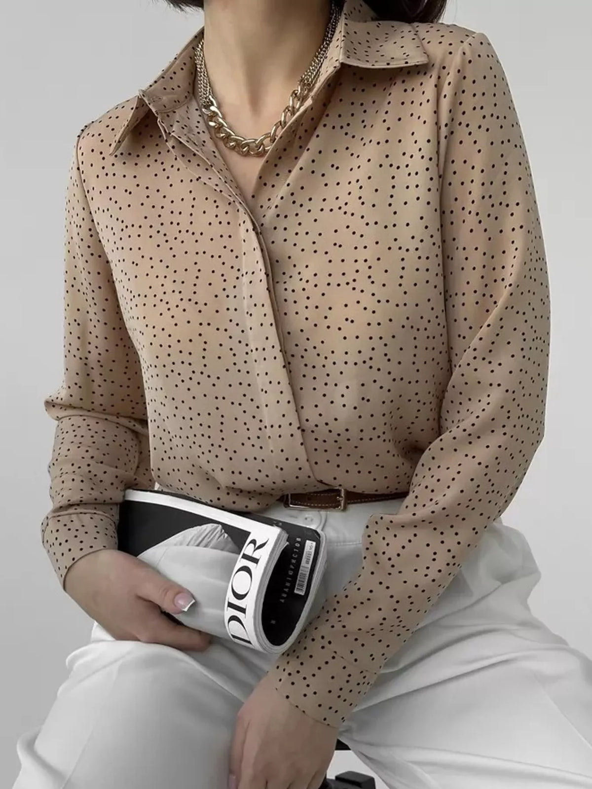 Button-up shirt, tan dotted seated front
