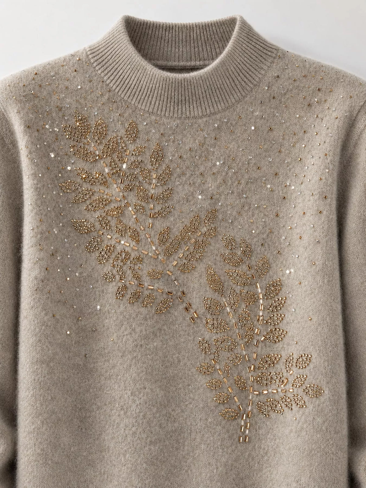 Rhinestone Leaf Mock Neck Sweater — construction details