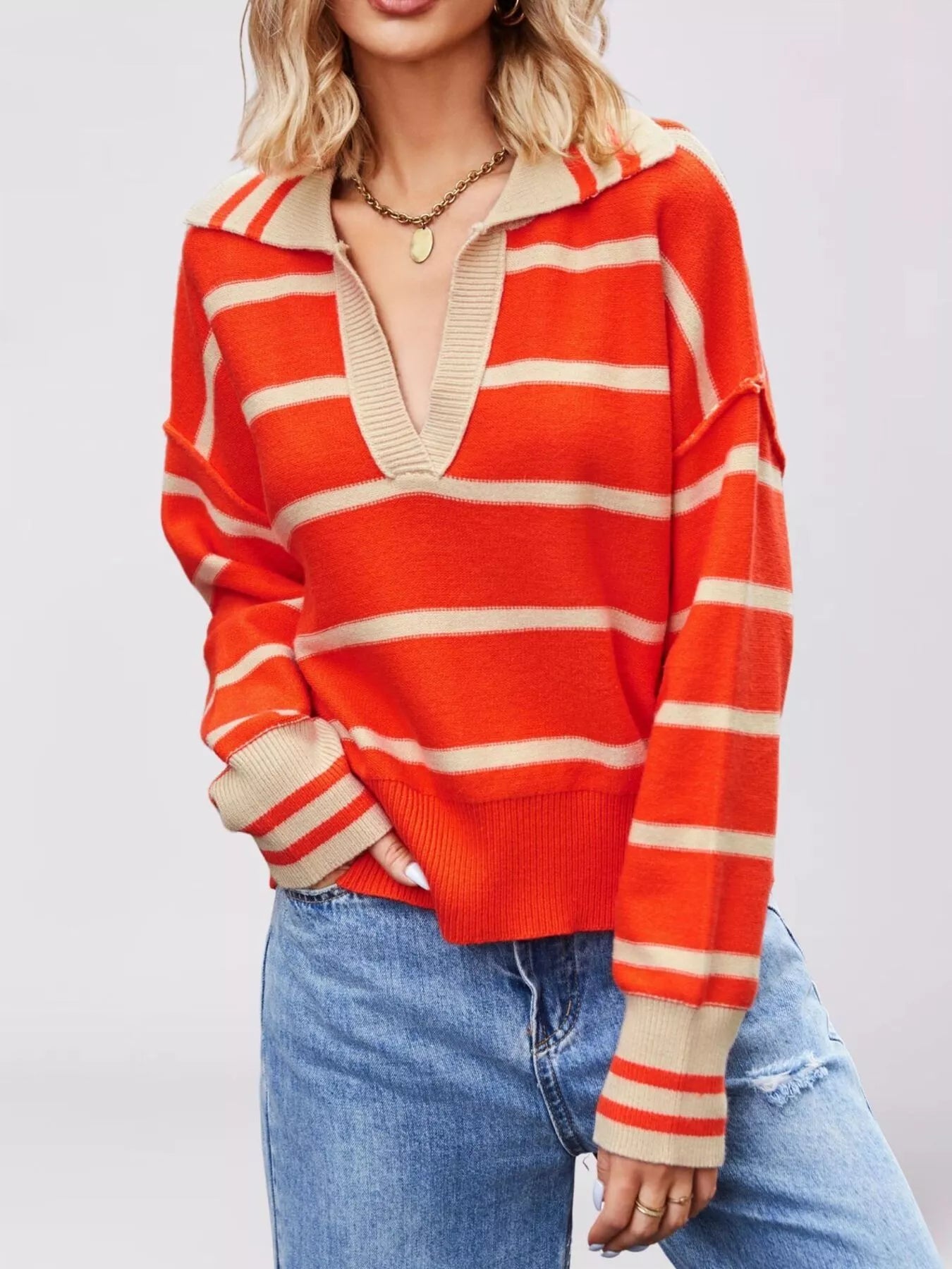 Trendsi Striped Johnny Collar Dropped Shoulder Sweater -