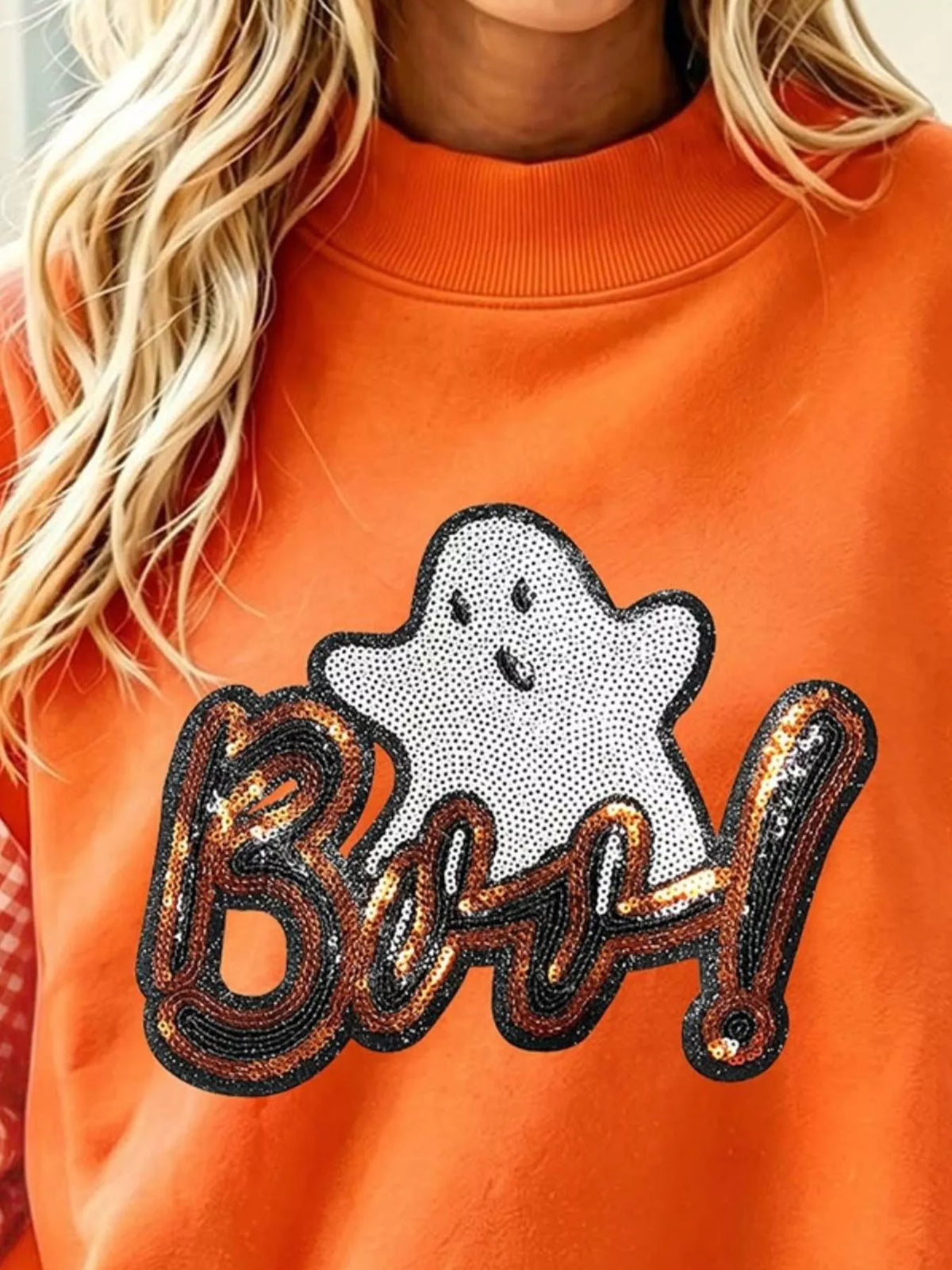 Boo Sequin Ghost Plaid Patchwork Sleeve Halloween Sweatshirt in orange, ghost and sequin detail