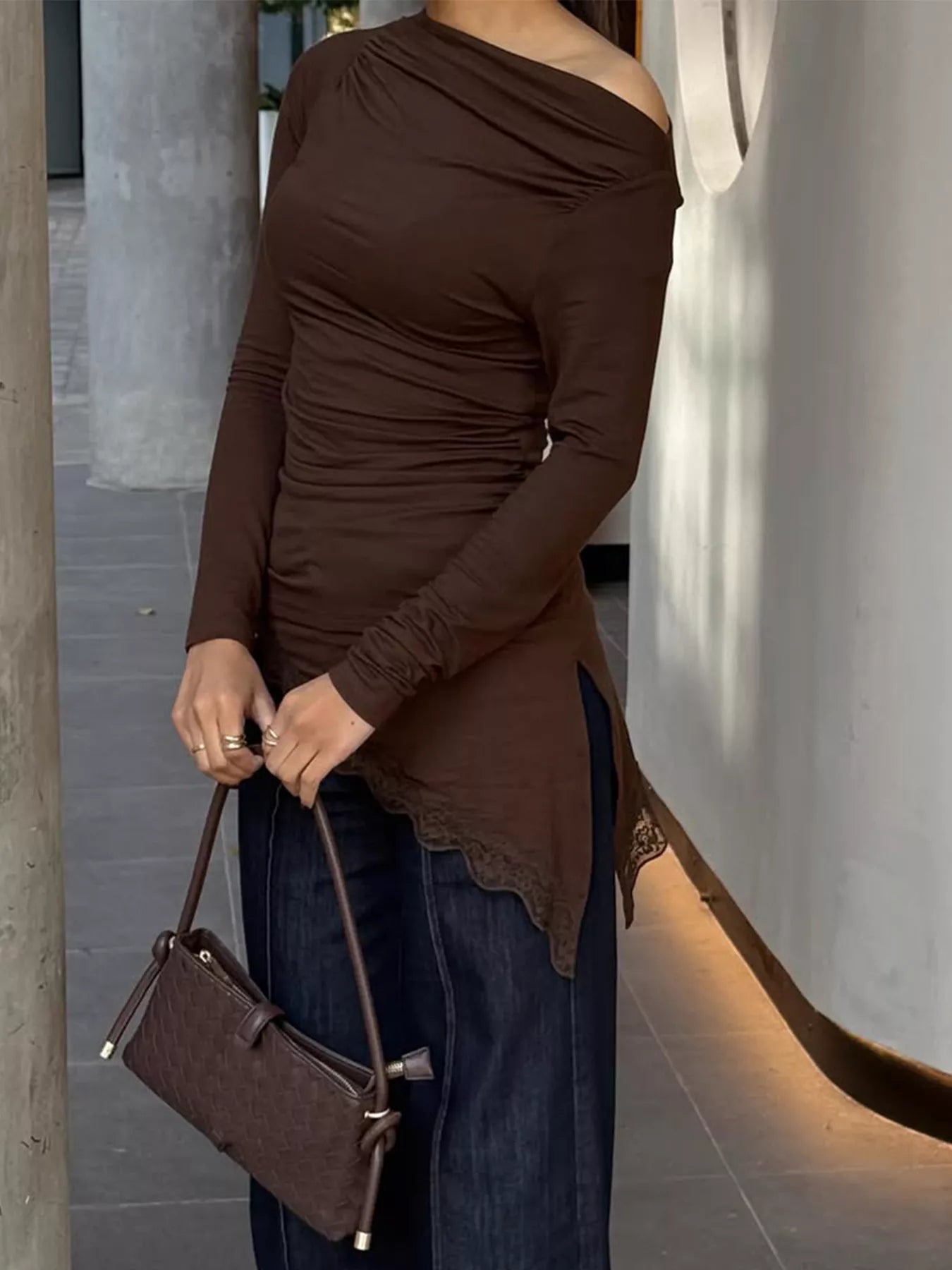 Trendsi Asymmetrical One-Shoulder Ruched T-Shirt with Lace Trim -