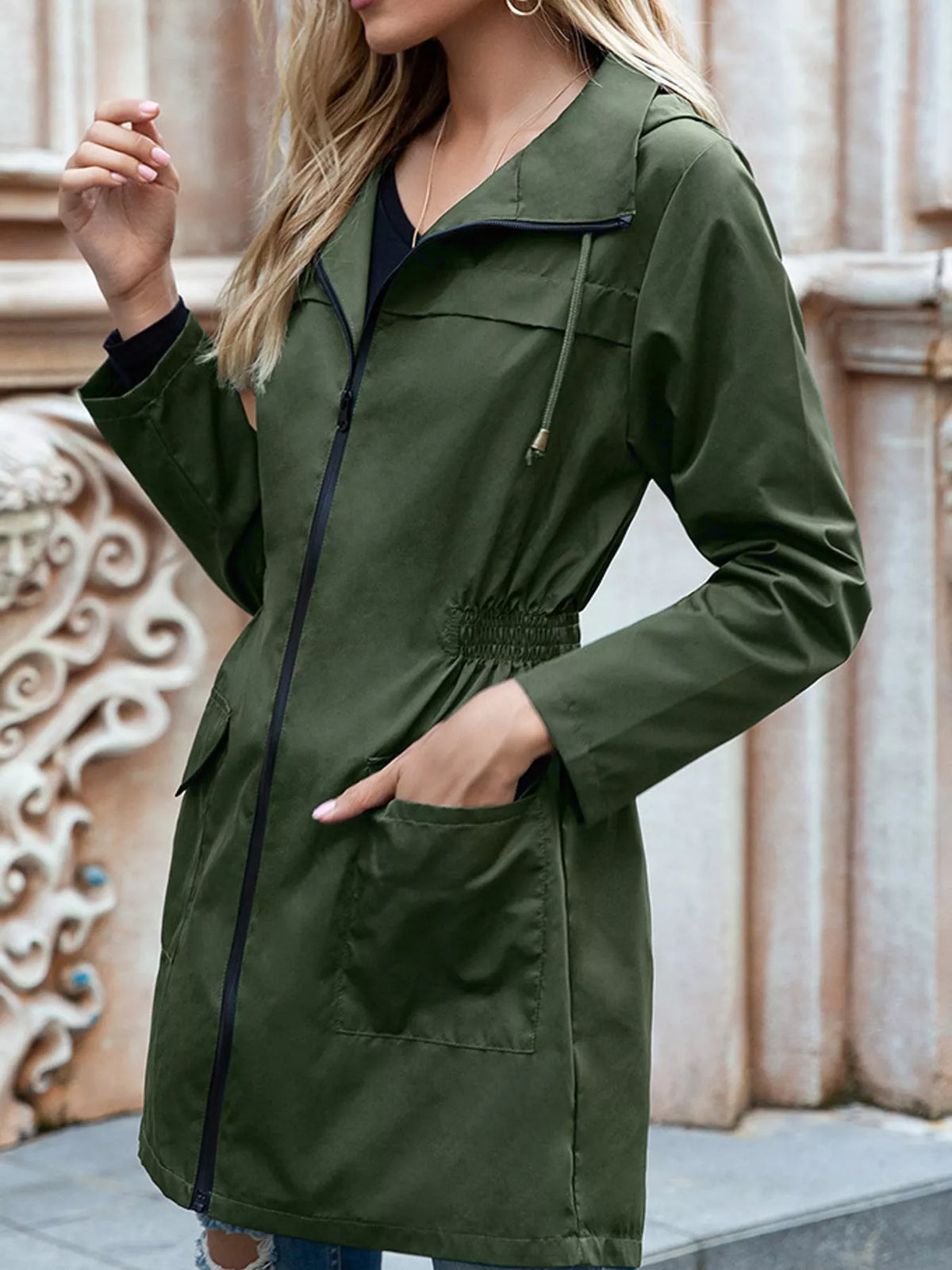 Women's Zip Up Drawstring Waist Hooded Jacket in olive — side view