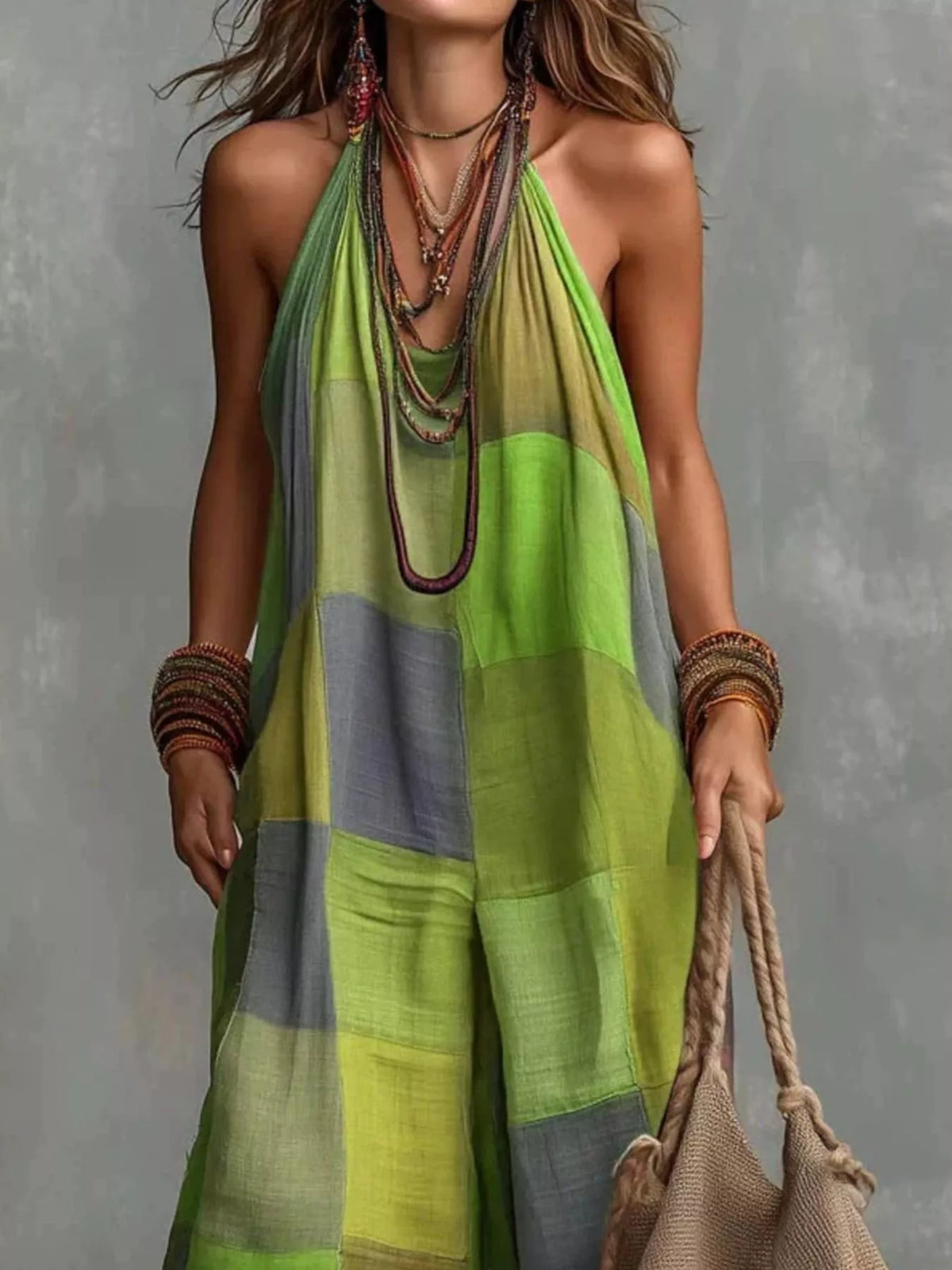 Green Plaid Halter Neck Wide-Leg Jumpsuit front view