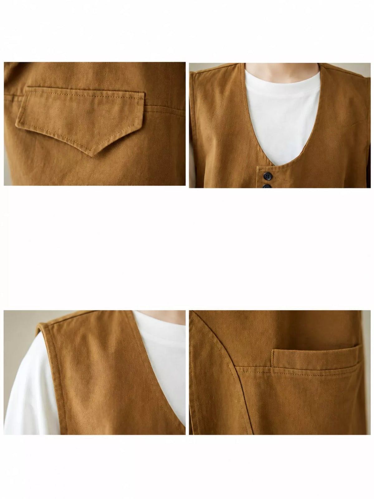 Asymmetric Button Closure Utility Vest Coat, detail view in tan