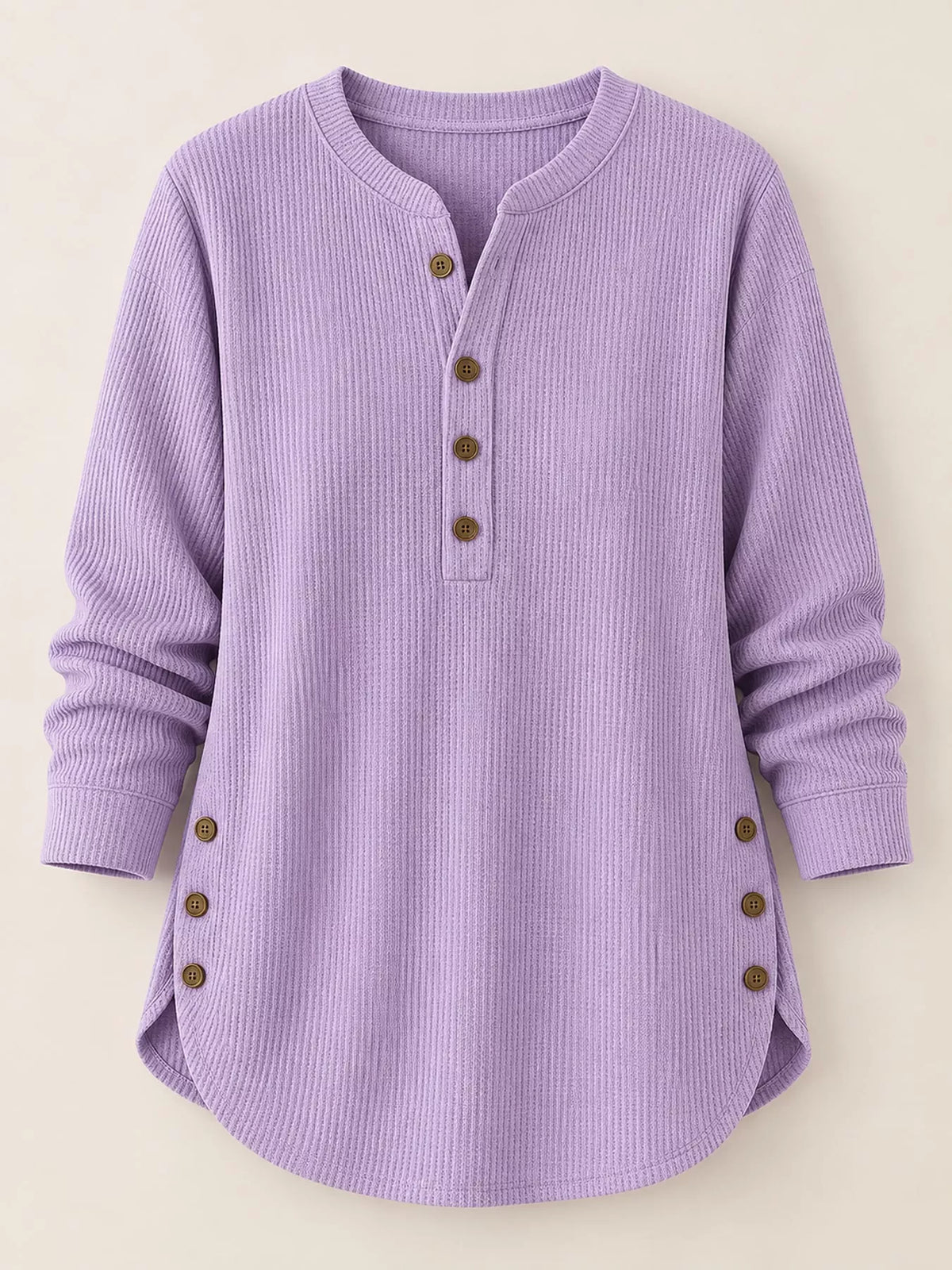 Purple button detail long sleeve top, front view