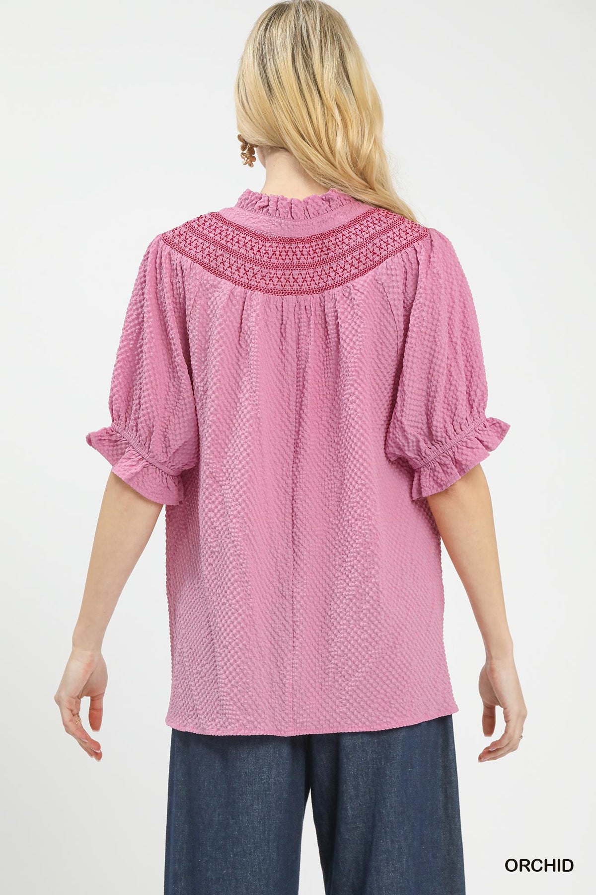 Women's Textured Henley Blouse With Lace Shoulders and Ruffle Cuffs — product view 3