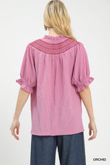 Trendsi Umgee Textured Henley Blouse with Ruffle Cuffs -