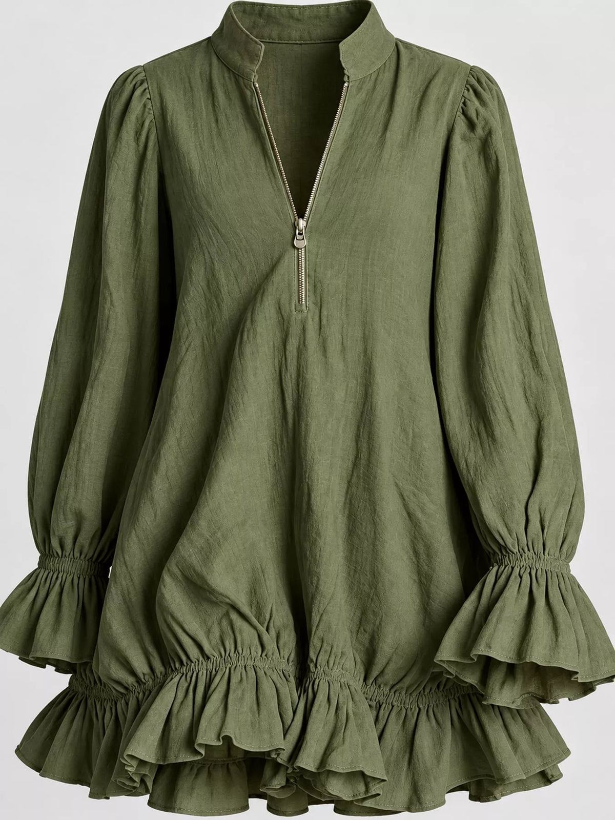 Ruffled-hem mini dress, olive ruffled cuff and hem