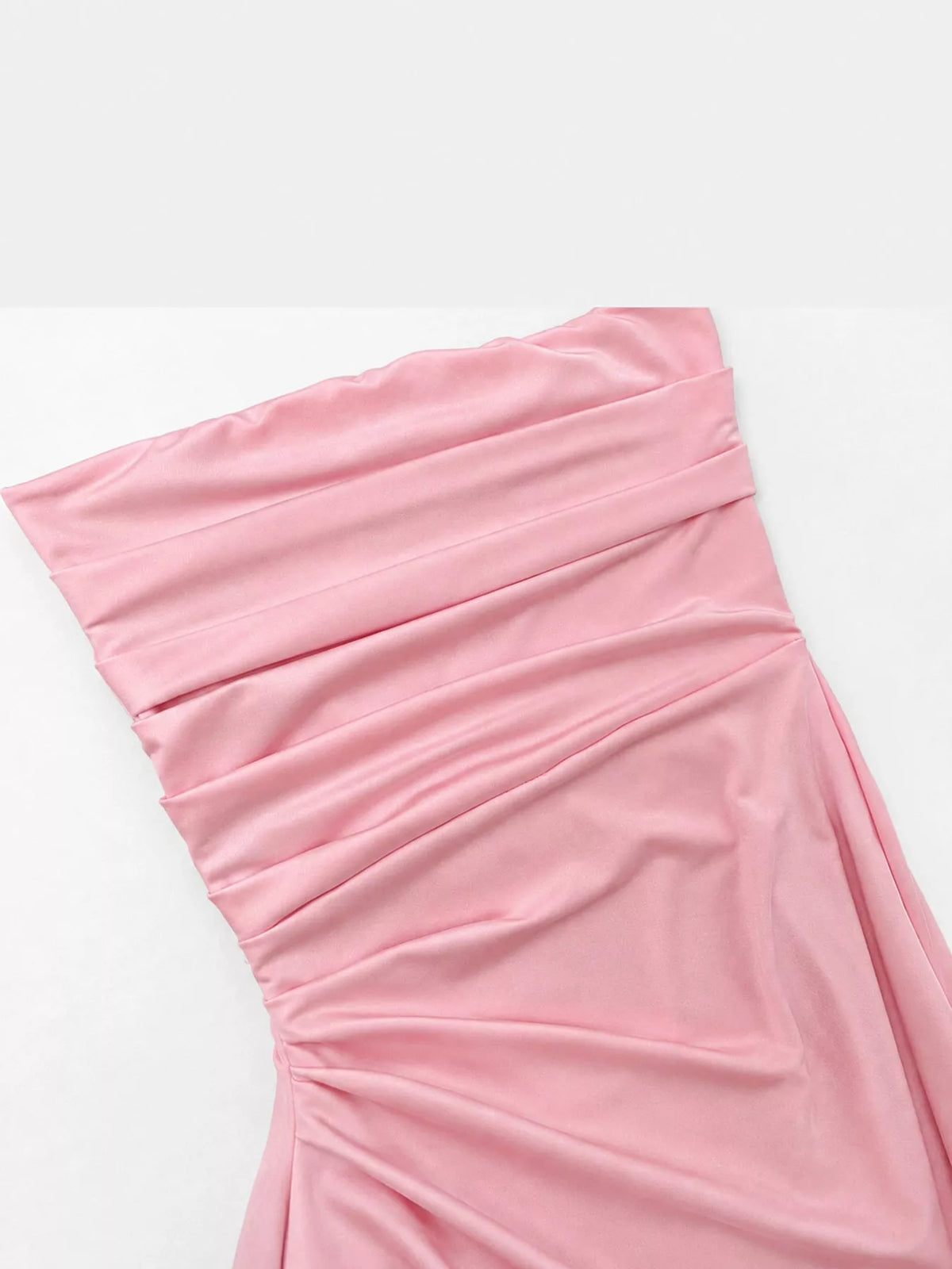 Pink strapless high slit bodycon maxi evening dress, detail view