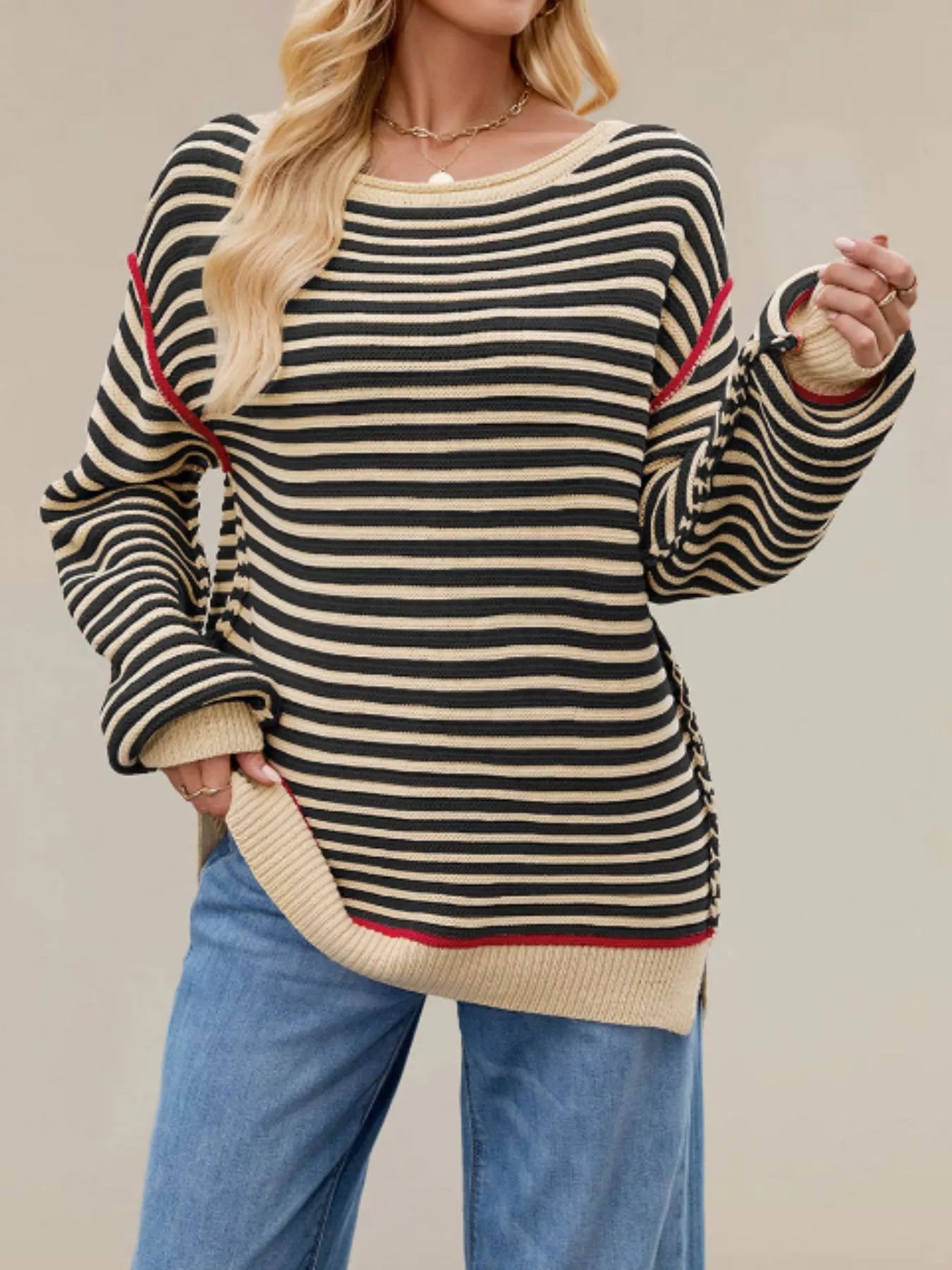 Trendsi Oversized Striped Dropped Shoulder Sweater -