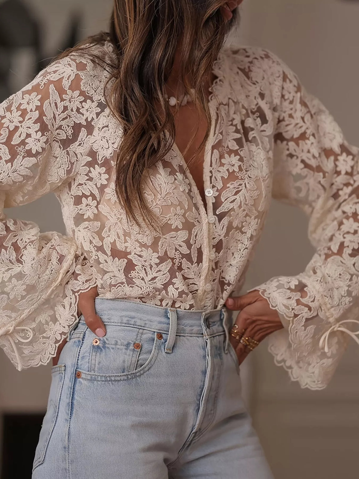 Floral Lace Sheer Shirt — front view