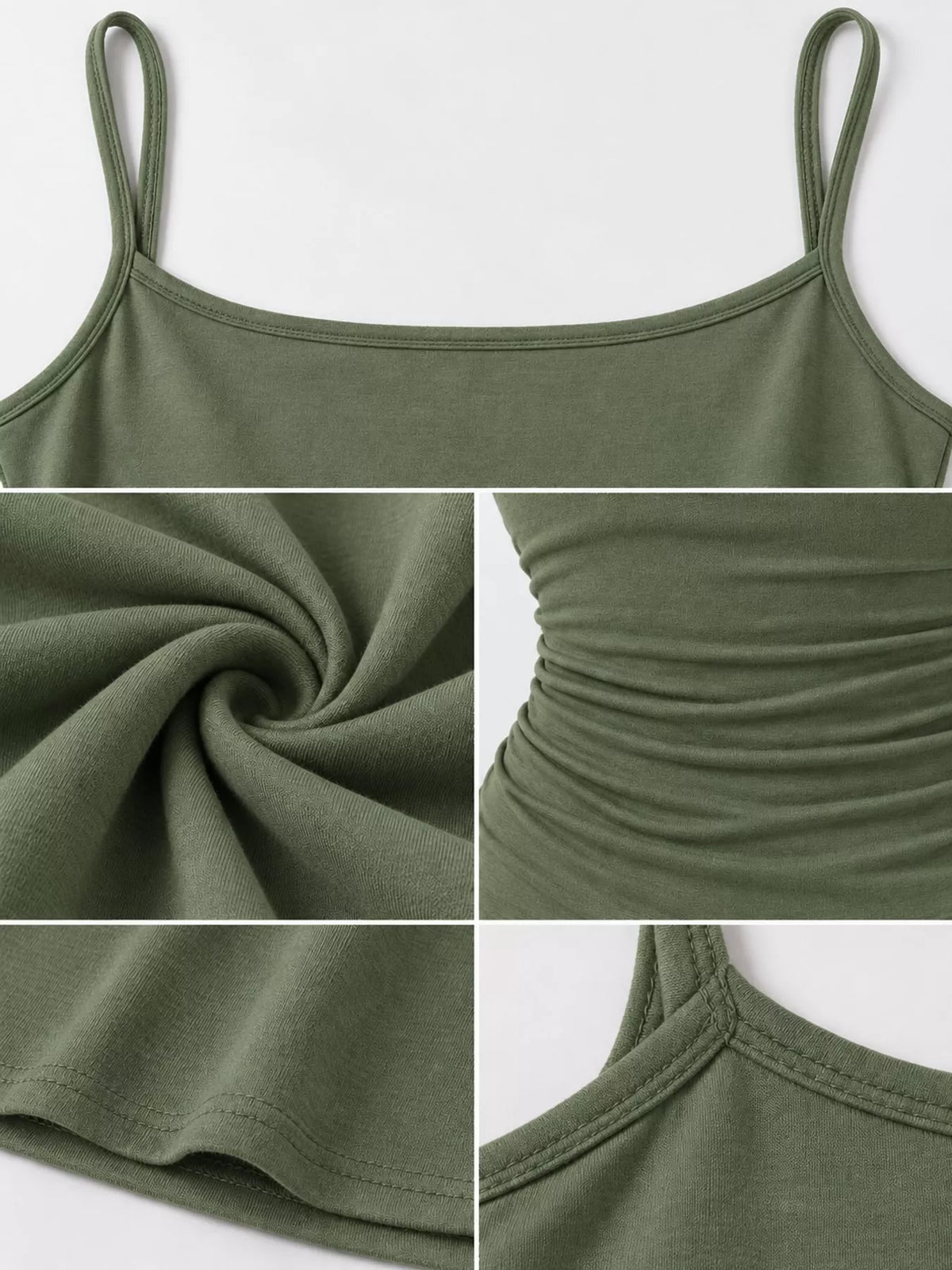 Olive green bodycon spaghetti strap maxi dress, detail view