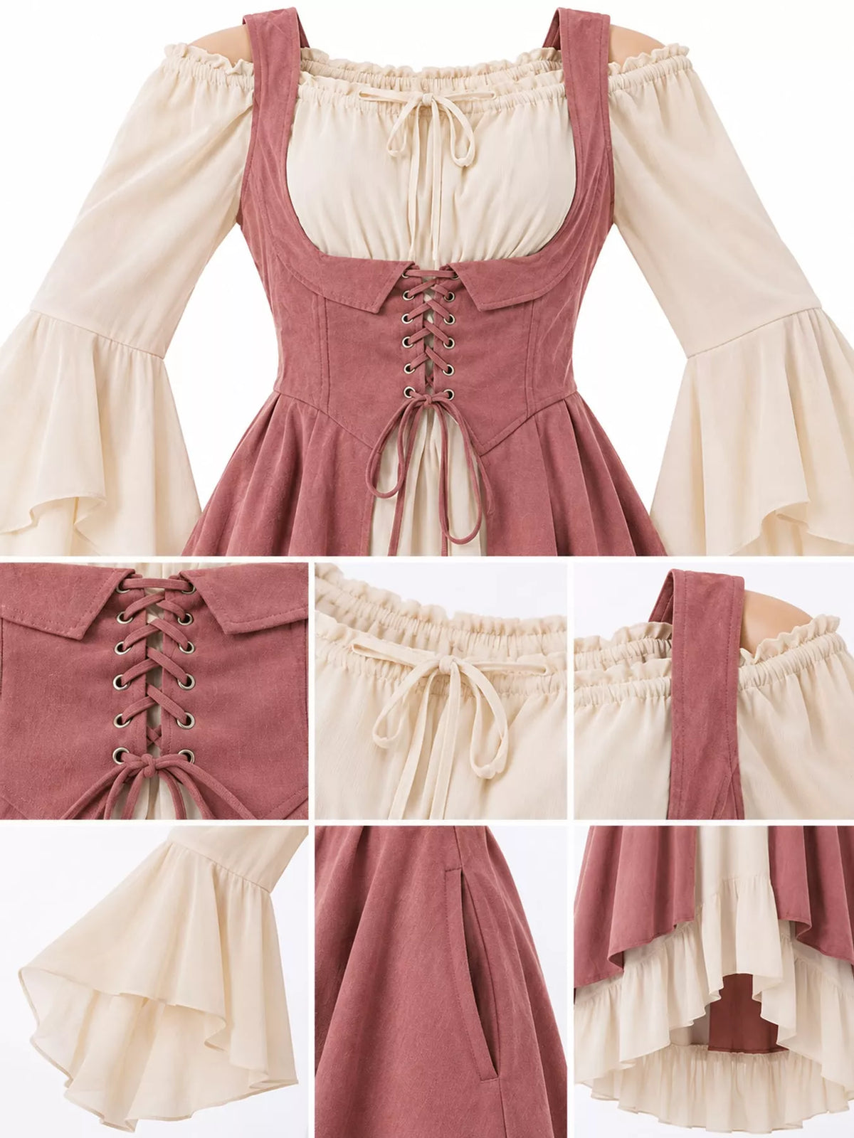 Pink corset style lace-up bell sleeve dress — design and construction details