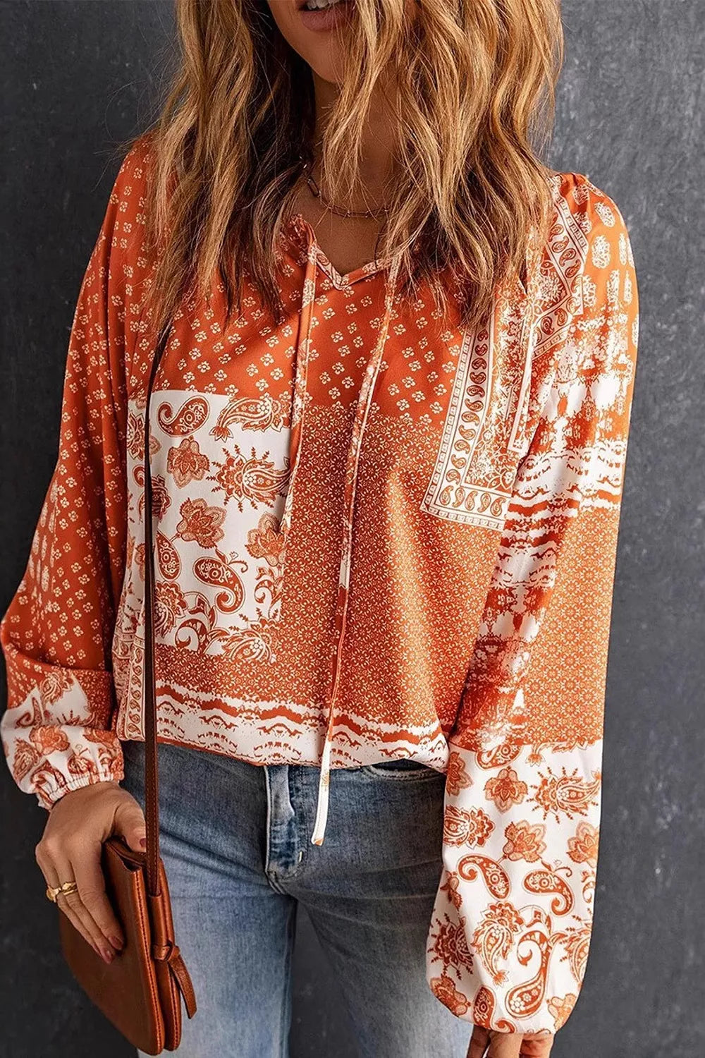 Trendsi Full Size Paisley Print Tie-Neck Long Sleeve Blouse Plus Size -