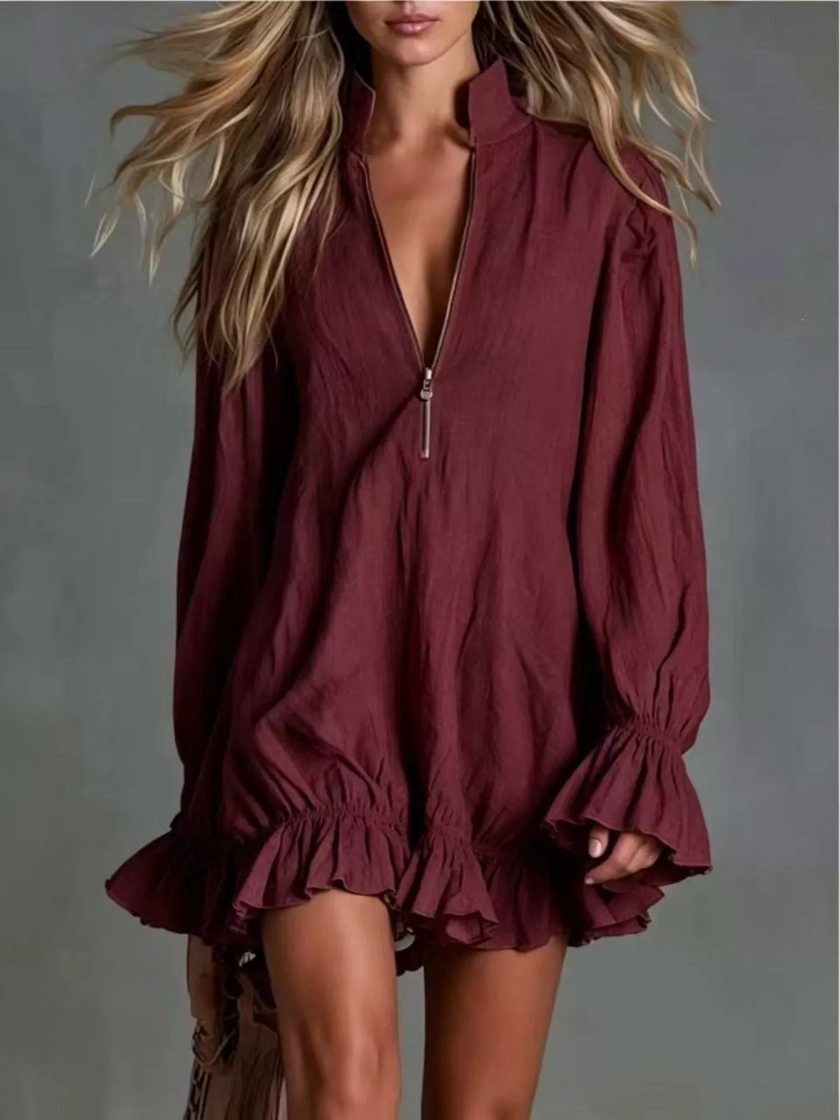 Trendsi Zipper Front Ruffle Hem Flounce Sleeve Mini Dress -
