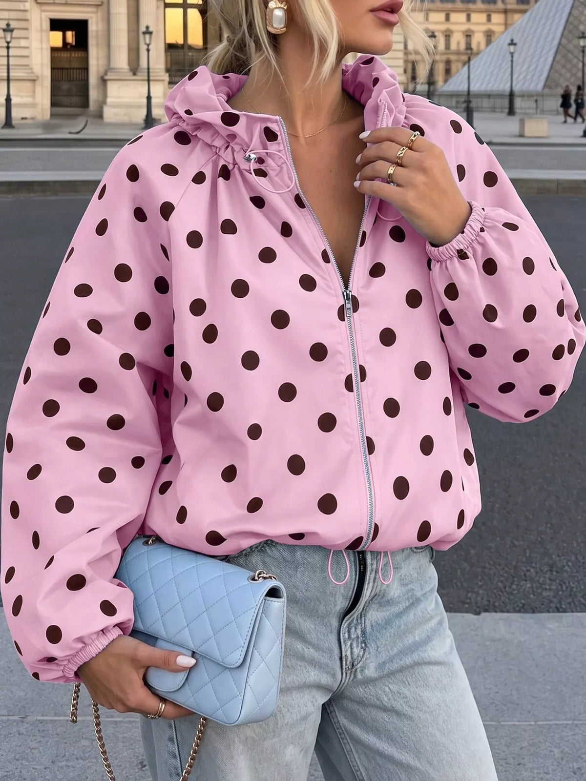 Polka Dot Drawstring Zip-Up Jacket — front view