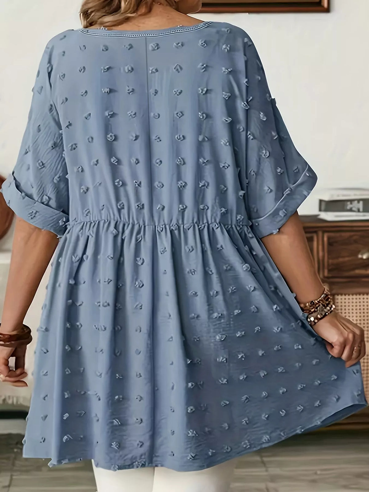 Swiss-dot blouse, dusty blue back