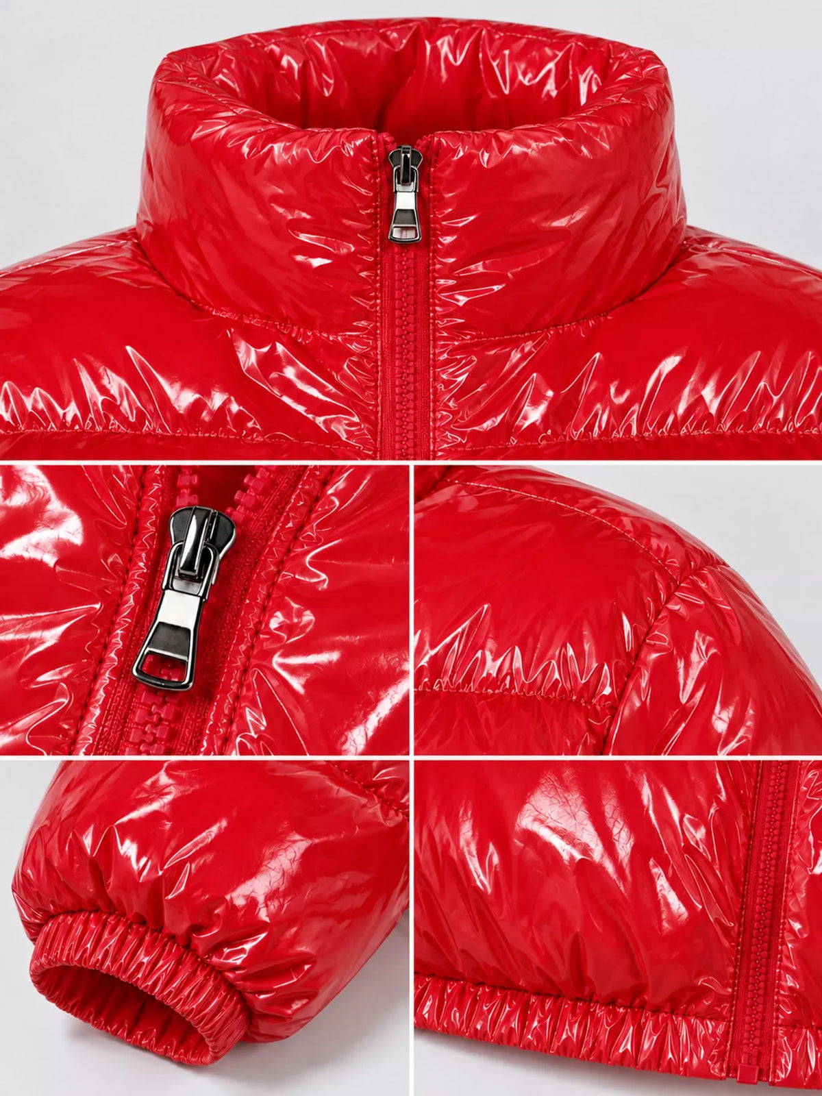 Glossy Stand-Collar Zip-Up Puffer Jacket — garment construction details