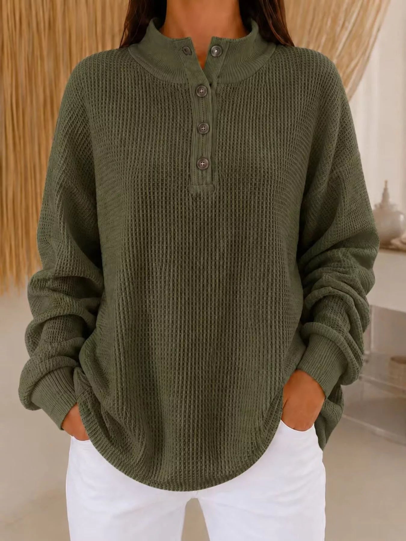 Trendsi Full Size Waffle Knit Button Detail Sweatshirt Plus Size -