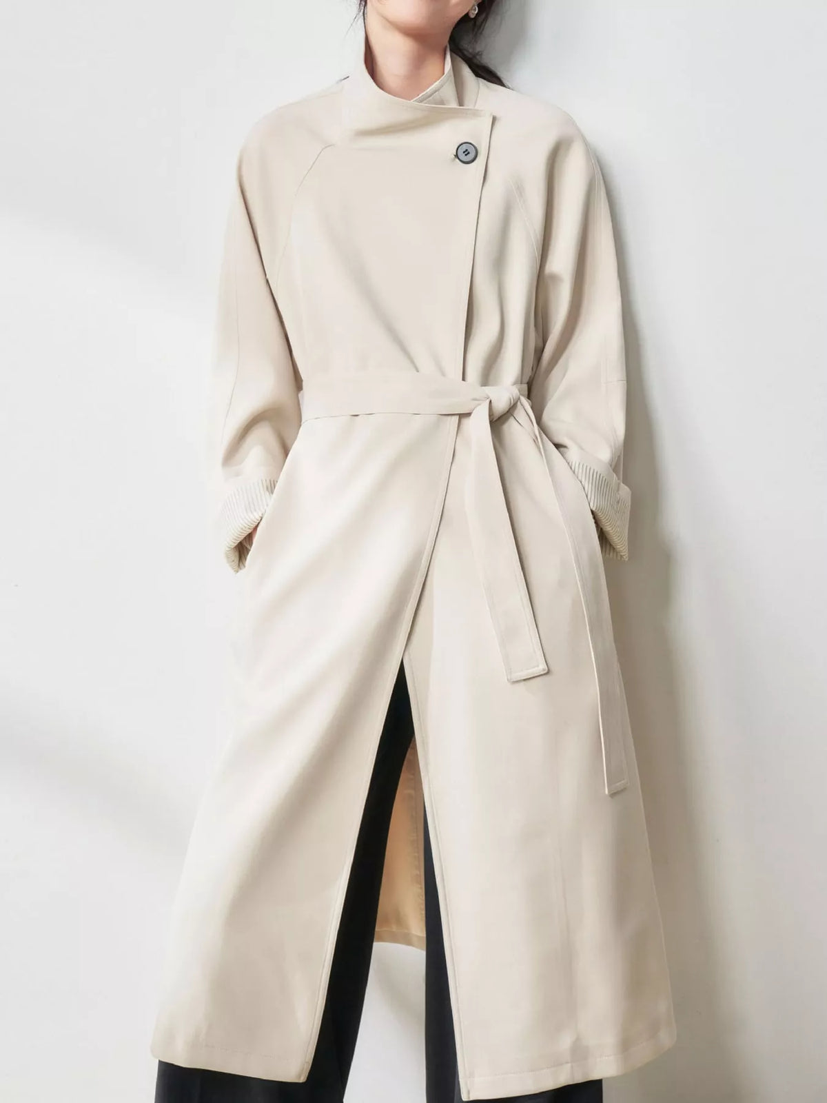 Asymmetric Button Longline Trench Coat in beige