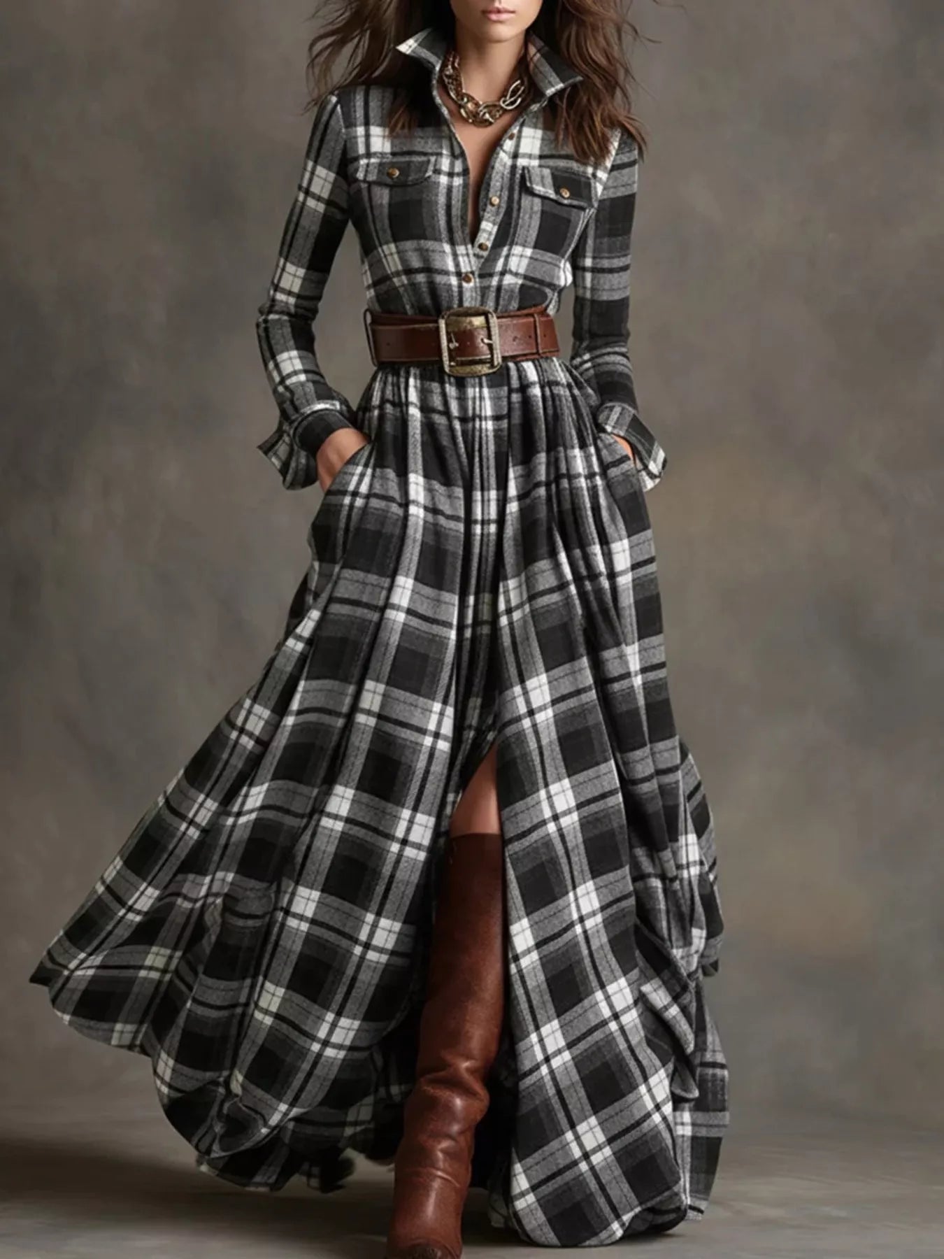 Trendsi Full Size Plaid Long Sleeve Shirt Maxi Dress Plus Size -