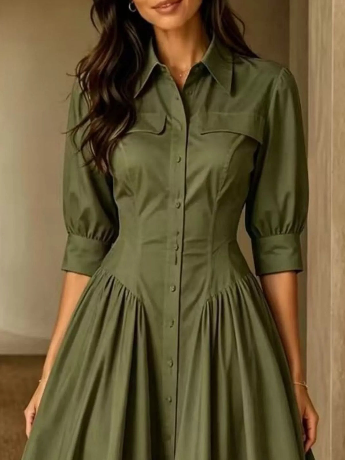 Button-Down Shirt Dress with Cinched Waist, bodice detail